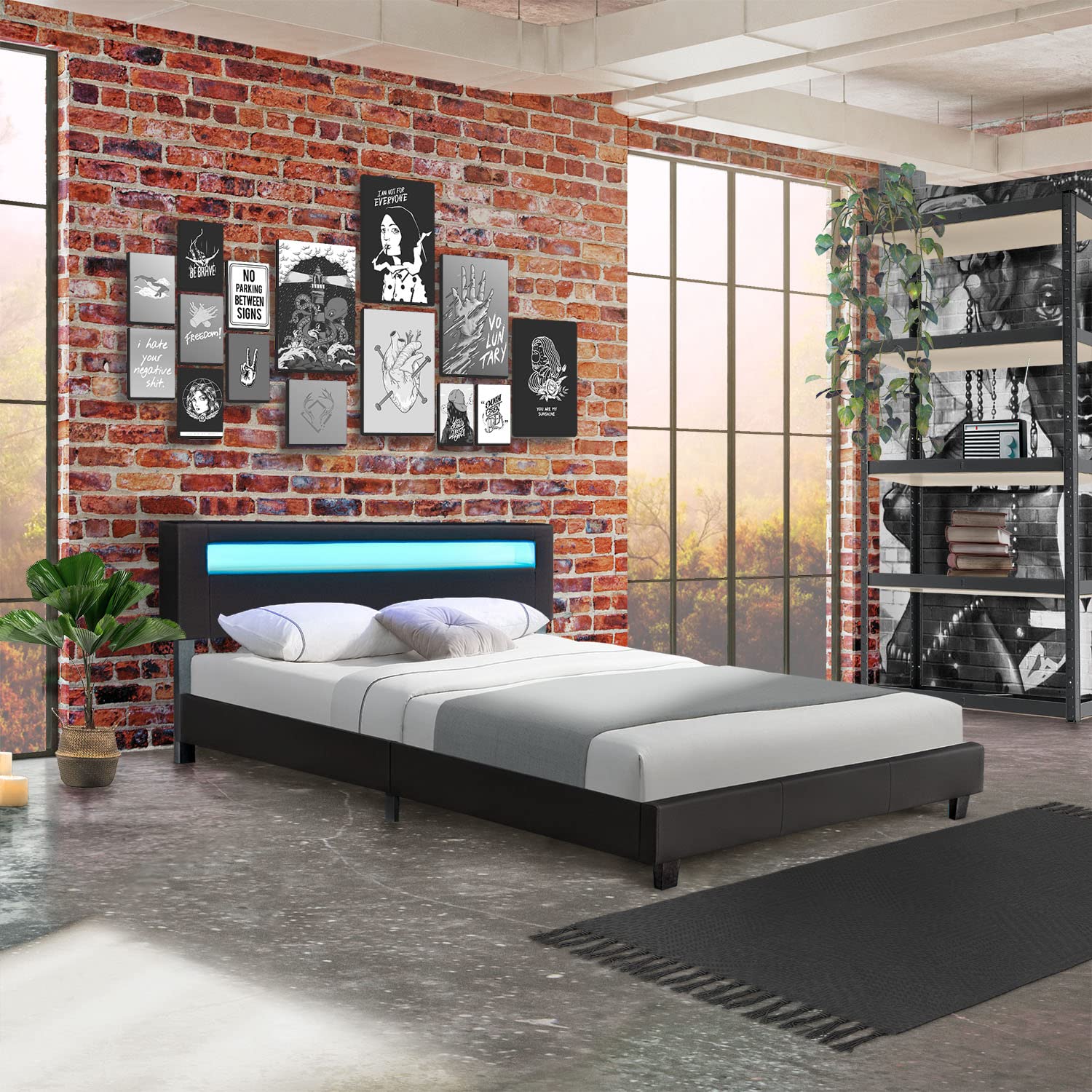 Juskys Polsterbett Paris 90x200 cm mit LED-Beleuchtung, Lattenrost & Kopfteil, Bett mit Gestell aus Holz & Webstoff Bezug, grau