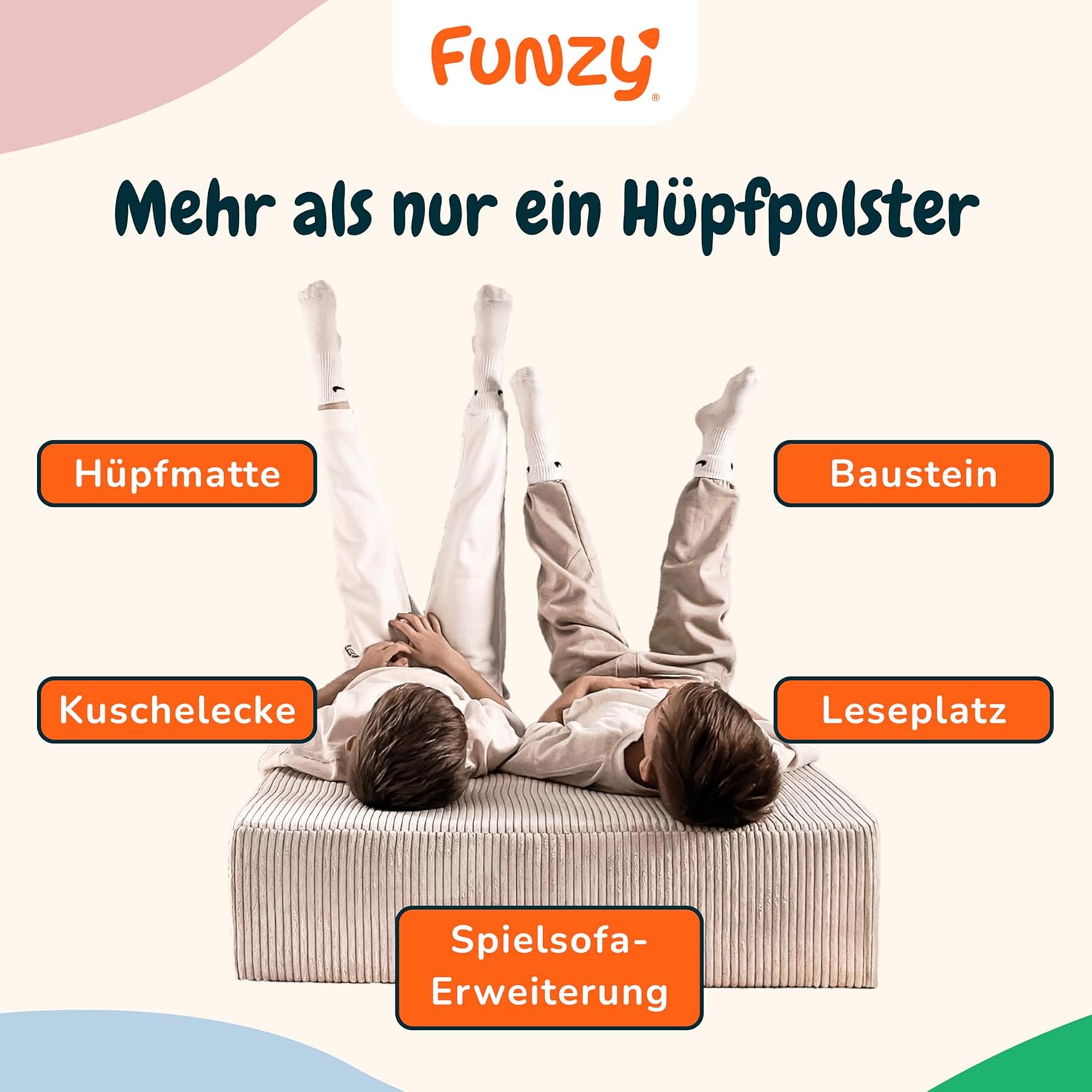 Funzy Hüpfpolster für Kinder 85x65x21 cm, Hüpfmatratze mit Taschenfederkern, Cord-Bezug Waschbar, Schadstofffrei, Motorik-Spielkissen, Cord Koala Grau