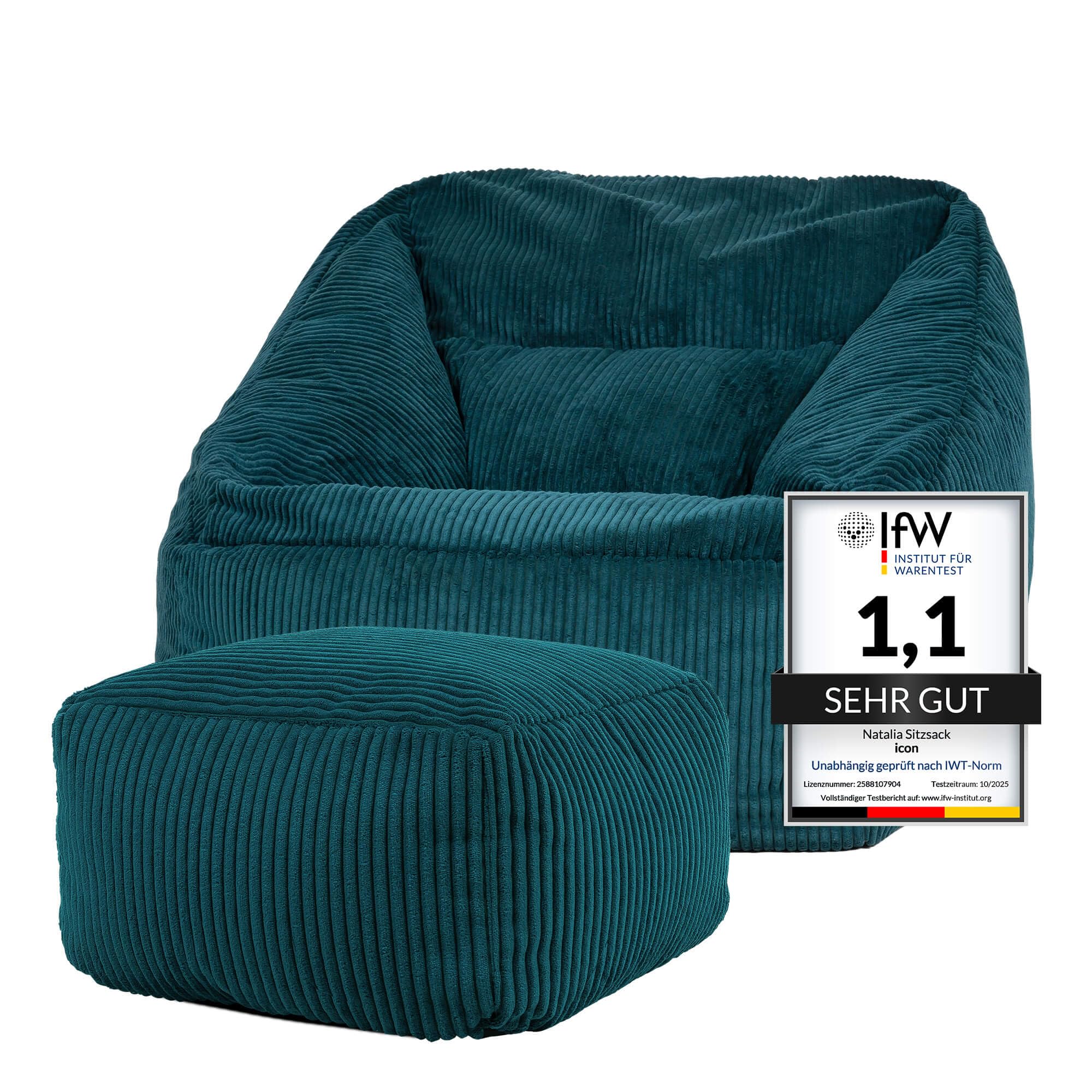 Icon Natalia Sitzsack Sessel mit Hocker für Erwachsene, Beige, Flauschiger Cord Stoff, Riesen Sitzsack Cord mit Füllung, Bean Bag Chair, Bequemer Sessel Wohnzimmer, Lounge, Schlafzimmer, Büro