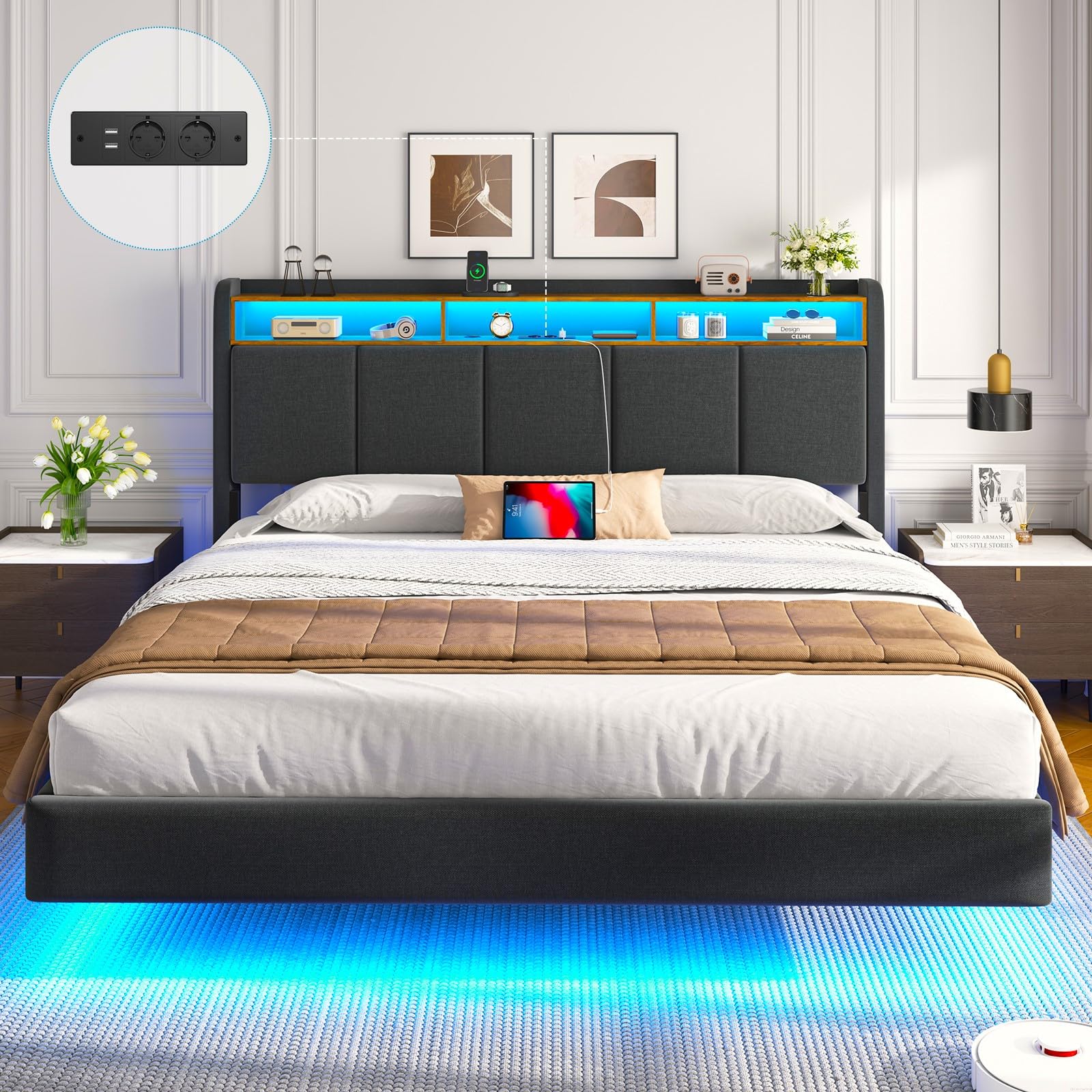 Polsterbett 140x200 cm Schwebebett mit LED-Beleuchtung, Kopfteil und Ladestation(2 AC-Steckdosen, 2 USB-Anschlüsse), Bett 140x200 mit Stauraum, Modern Doppelbett mit lattenrost, Leinen, Grau