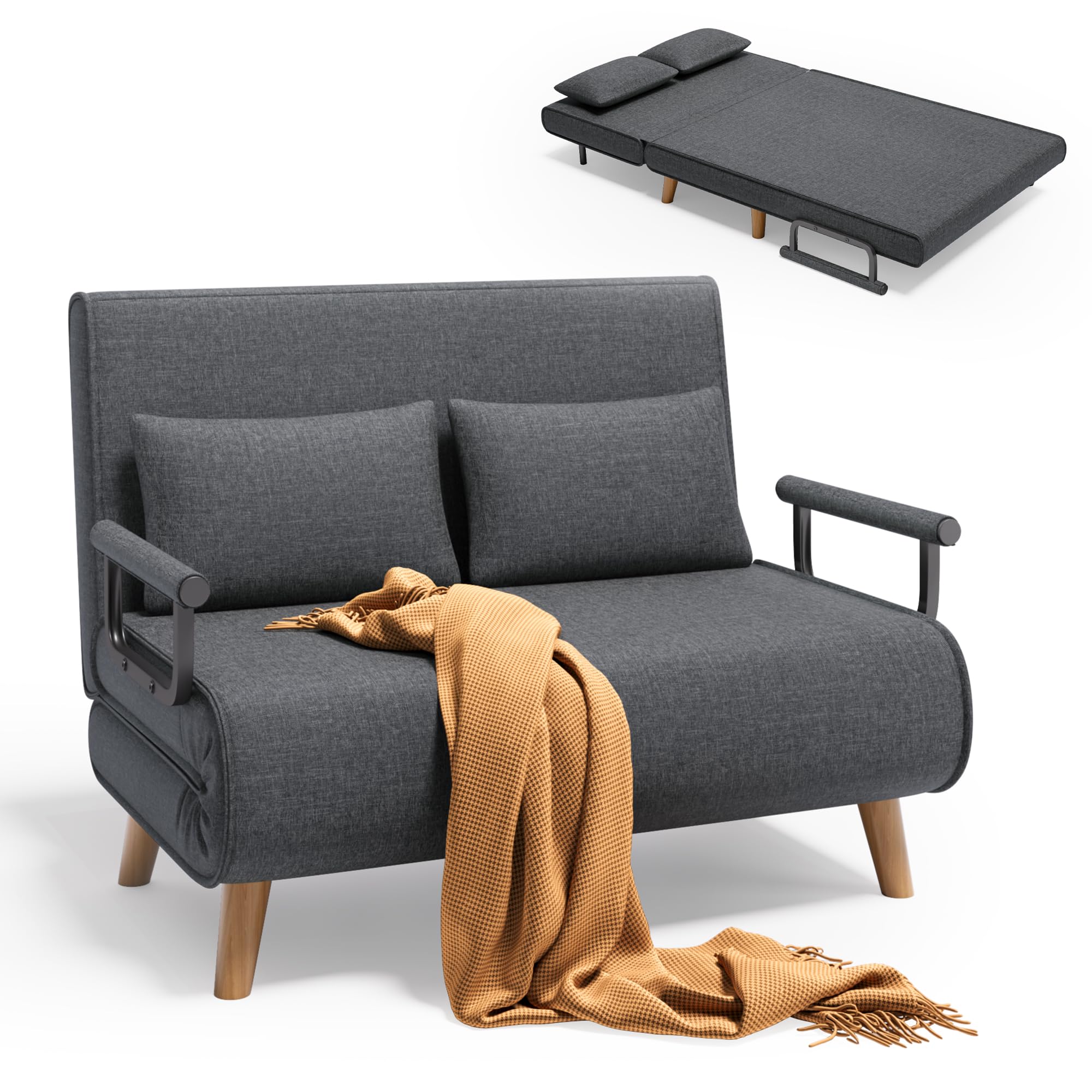 Xbro Schlafsessel mit Bettfunktion, Schlafsofa 2-Sitzer mit 6-Stufig Verstellbarer Rückenlehne und 2 Kissen, Sessel mit schlaffunktio für kleine Wohnung (Hellgrau)