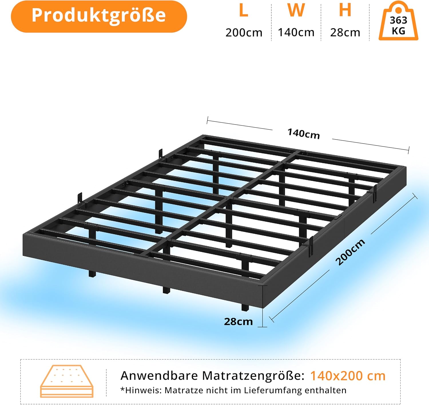 IRONCK Bett 140x200 mit LED Beleuchtung und Ladestation, Bettgestell 140x200 cm mit weicher Polsterung, Floating Bed Frame, Bettrahmen 140x200cm, Jugendbett, Metallbett mit Lattenrost Doppelbett, Grau