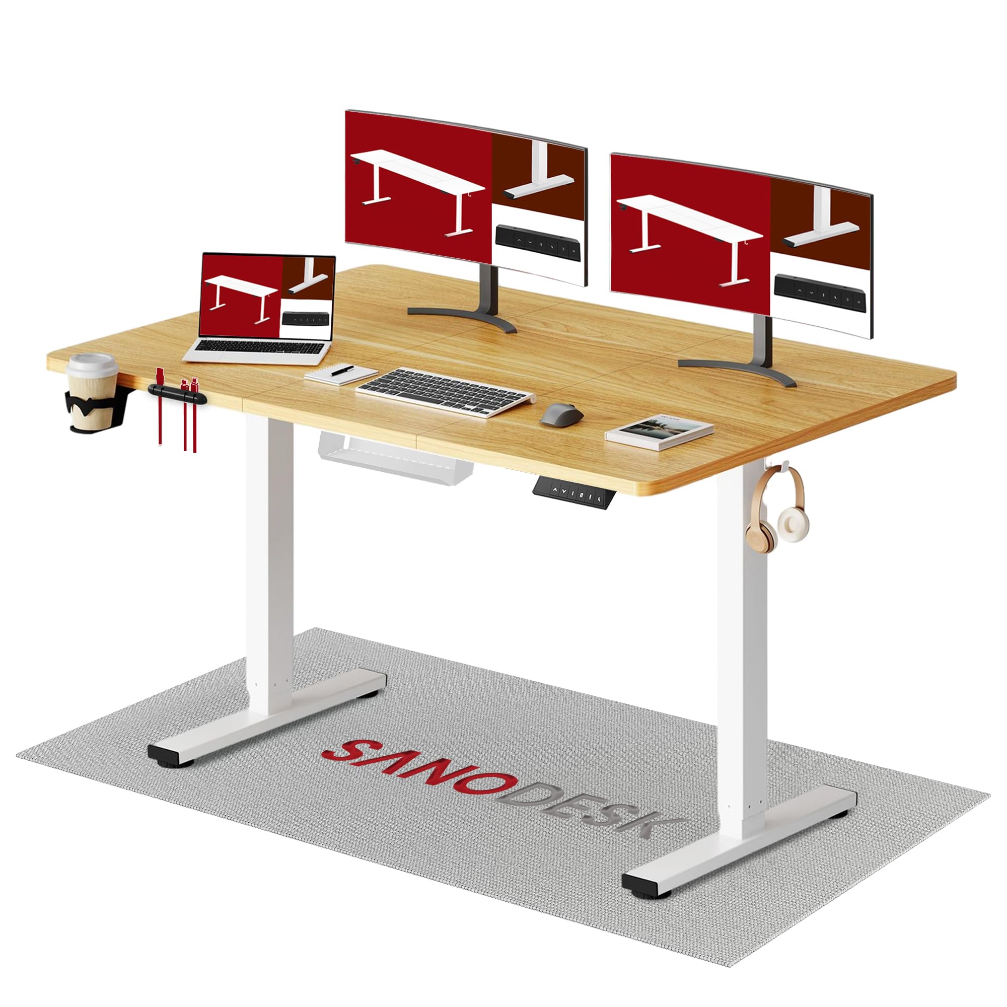 SANODESK Höhenverstellbarer Schreibtisch 200×80 cm – XXL Standing Desk mit 70 kg Tragkraft, Anti-Kollisions-Schutz & vielseitigem Zubehör, ideal für Teamarbeit oder Studio(Weiß)