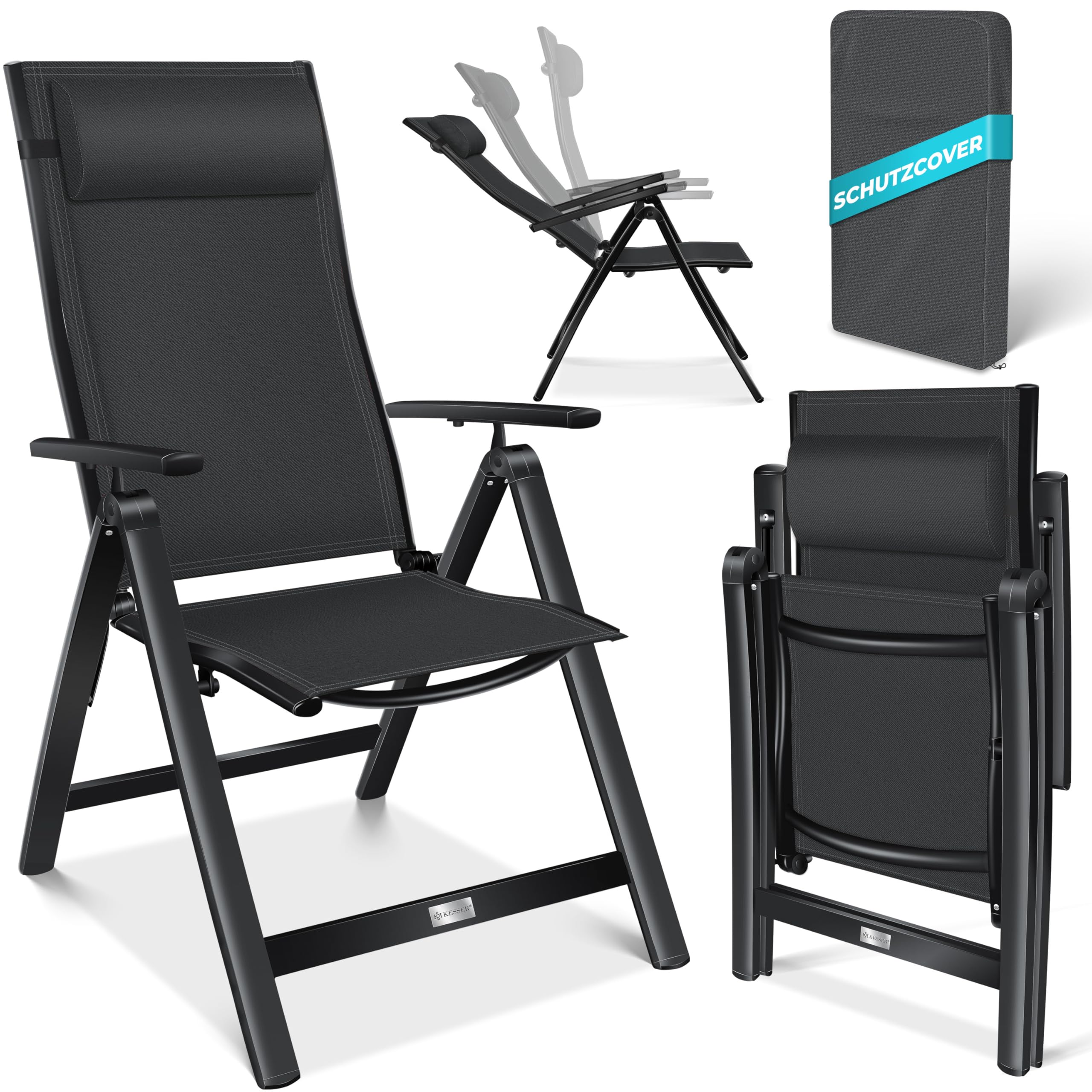 KESSER® Gartenstuhl Hochlehner mit Armlehnen 2er Set Aluminium Klappstuhl mit Kopfkissen & Abdeckung Campingstuhl 7-Fach Verstellbar Rückenlehne Atmungsaktiv Wetterfest Klappbar Anti-Rutsch, Anthrazit
