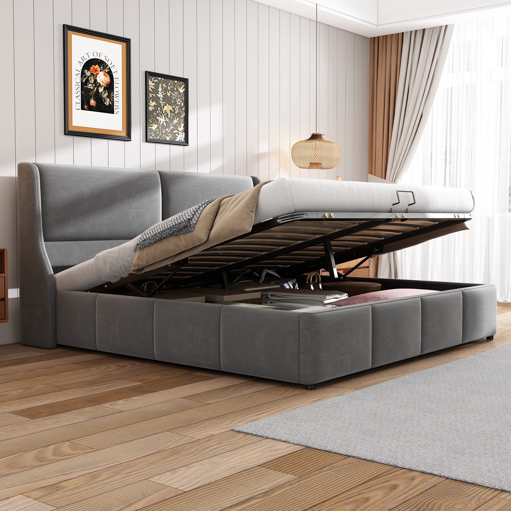 Merax Polsterbett 140x200cm mit Stauraum, Doppelbett mit Kopfteil und Lattenrost, Hydraulisches Funktionsbett für Jugend, Erwachsene, Samtstoff, Beige (Ohne Matratze)