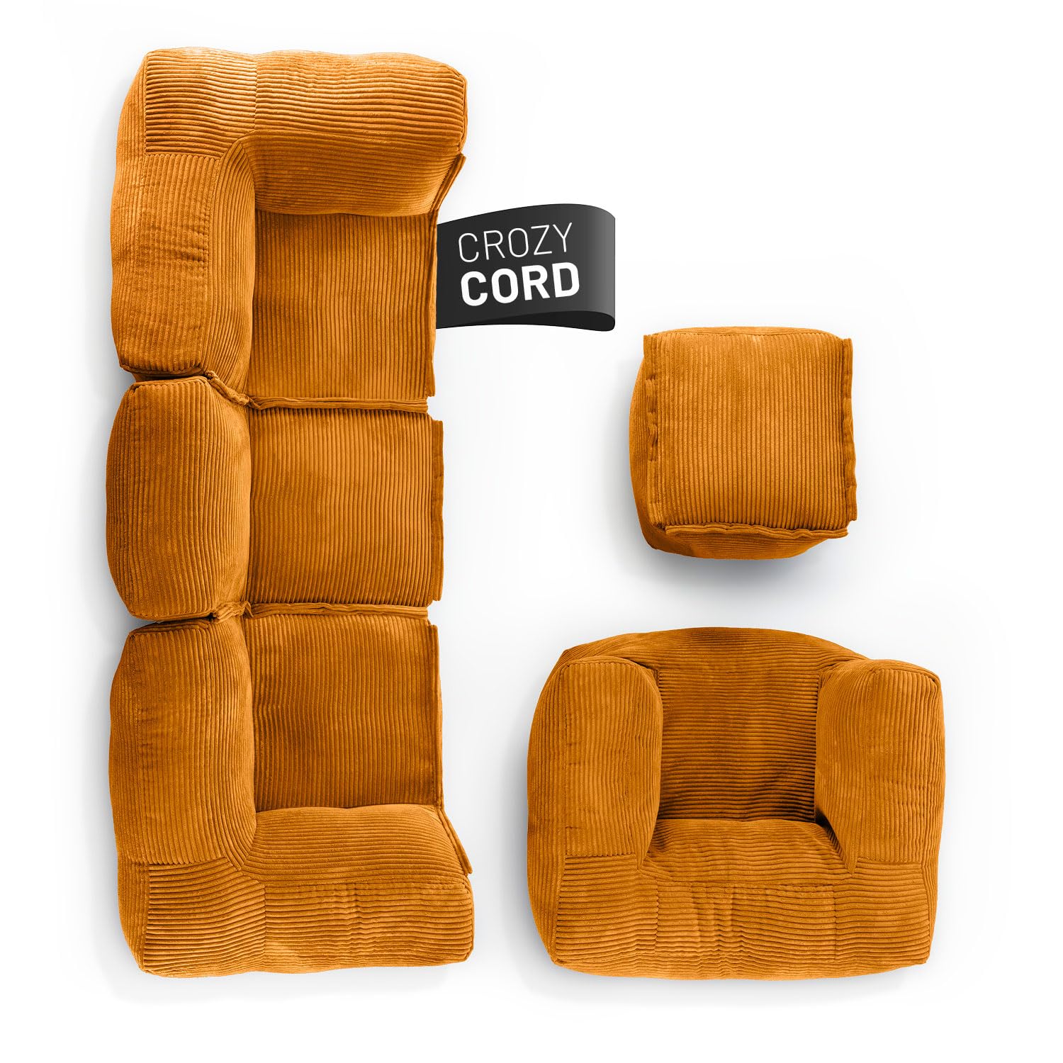 Lumaland Modulares Basic Set - Cord-Reihe | Indoor Sitzsäcke mit Softer Struktur, ideal Sofa Modulen & zum Pouf | Bean Bag mit Füllung - für Wohnzimmer & Co.