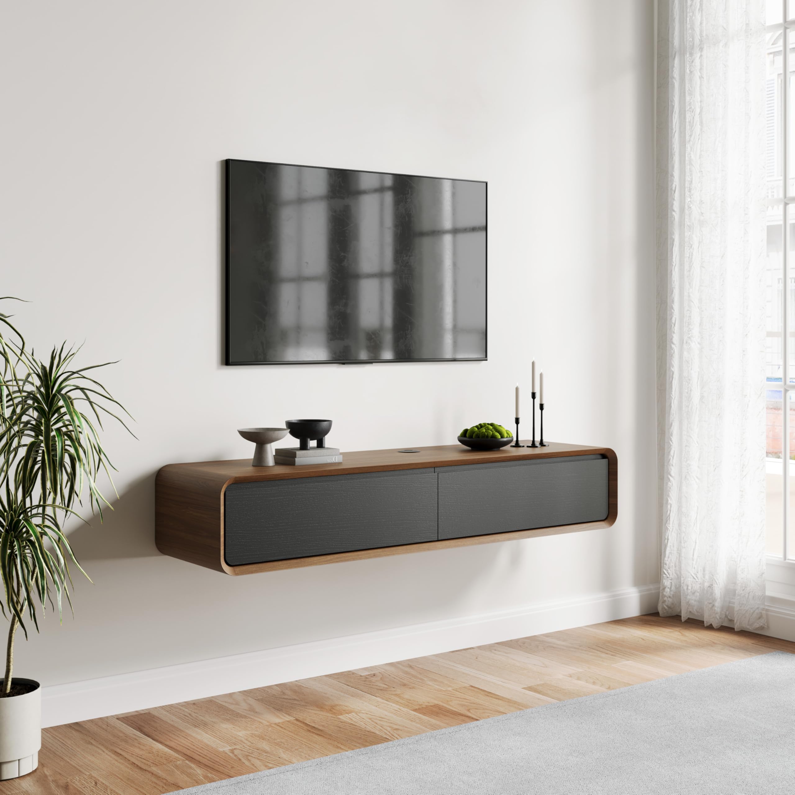 POVISON TV Schrank schwebend 160cm schwarz modern Walnussholz aus Massivholz mit 3 Schubladen, TV Lowboard hängend mit Kabelmanagement hochwertig, Komplettmöbel mit Stauraum für Wohnzimmer