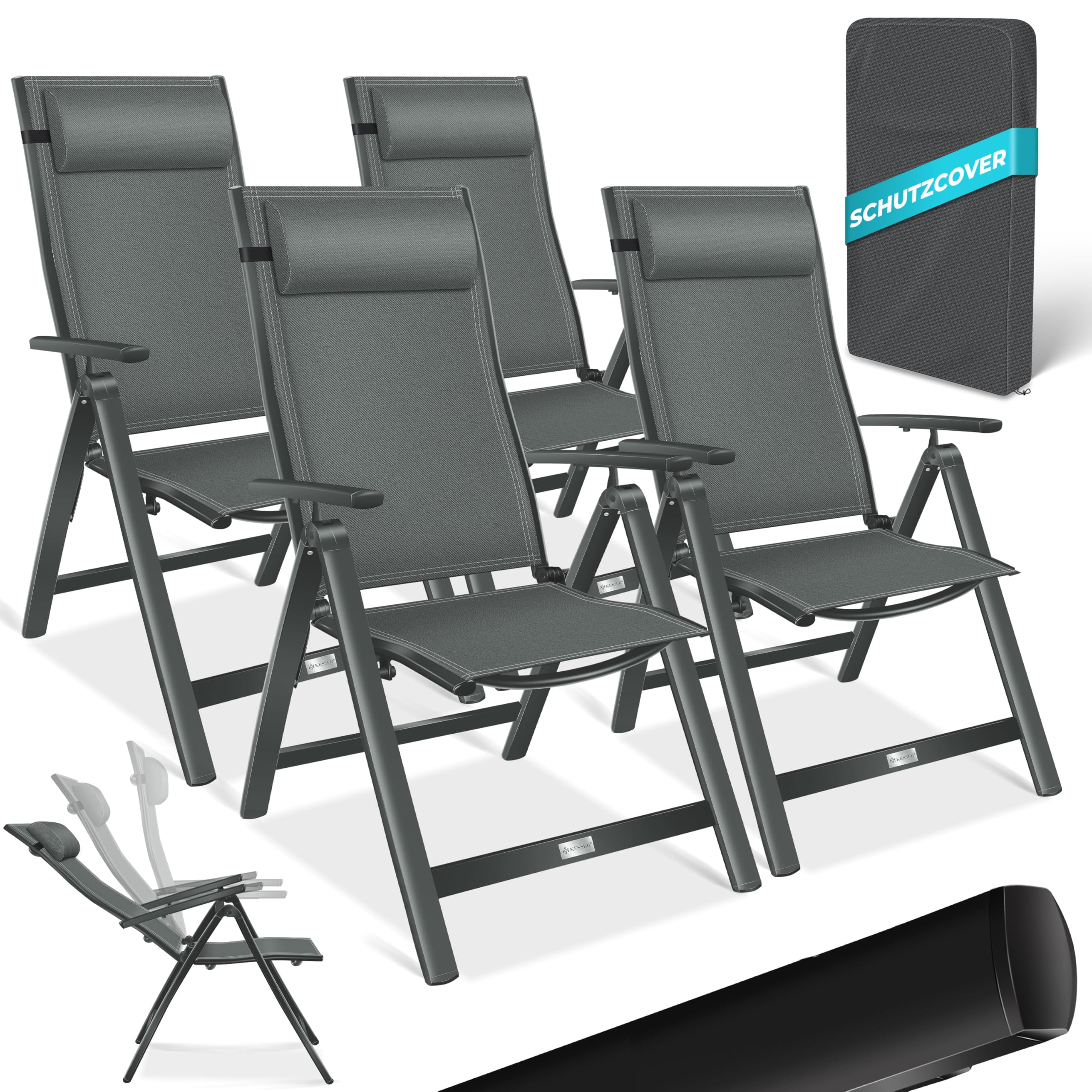 KESSER® Gartenstuhl Hochlehner mit Armlehnen 2er Set Aluminium Klappstuhl mit Kopfkissen & Abdeckung Campingstuhl 7-Fach Verstellbar Rückenlehne Atmungsaktiv Wetterfest Klappbar Anti-Rutsch, Anthrazit