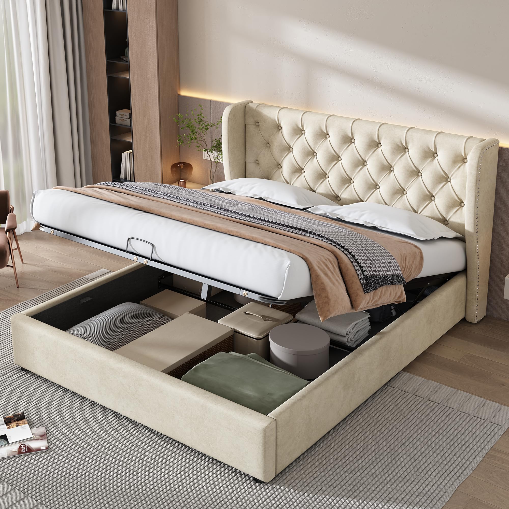Merax Polsterbett 140x200cm mit Stauraum, Doppelbett mit Kopfteil und Lattenrost, Hydraulisches Funktionsbett für Jugend, Erwachsene, Samtstoff, Beige (Ohne Matratze)
