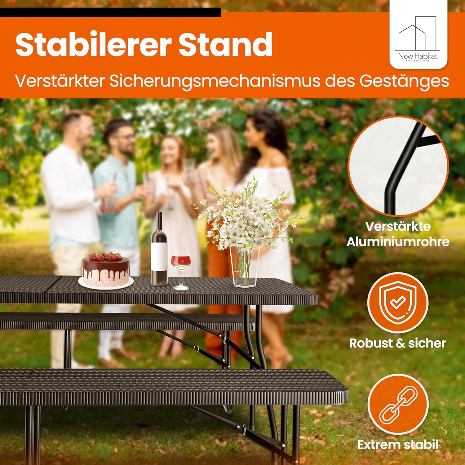 NewHabitat Bierzeltgarnitur 3er Set klappbar – Kunststoff Tisch 180 cm & 2 Bänke mit Tragegriff, Schwarz