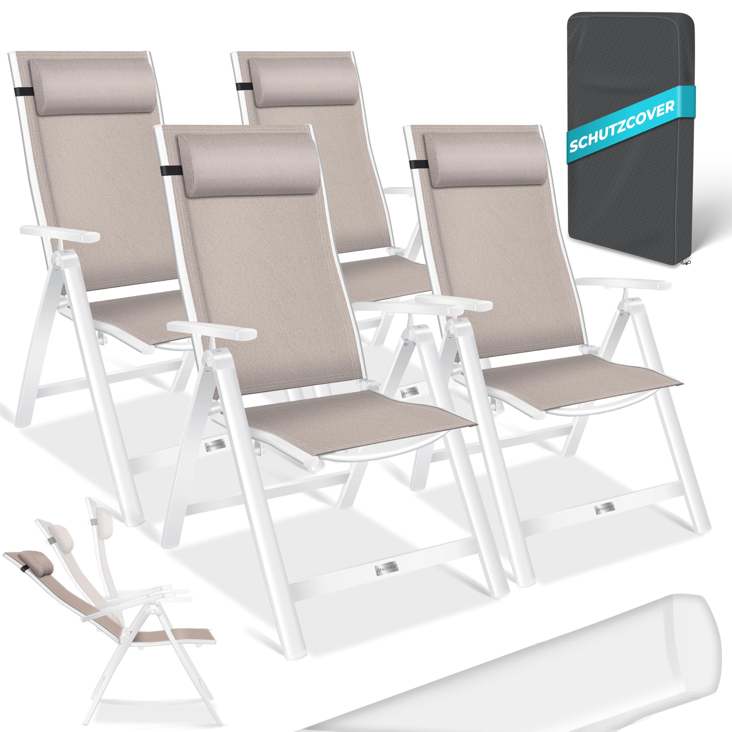 KESSER® Gartenstuhl Hochlehner mit Armlehnen 2er Set Aluminium Klappstuhl mit Kopfkissen & Abdeckung Campingstuhl 7-Fach Verstellbar Rückenlehne Atmungsaktiv Wetterfest Klappbar Anti-Rutsch, Anthrazit