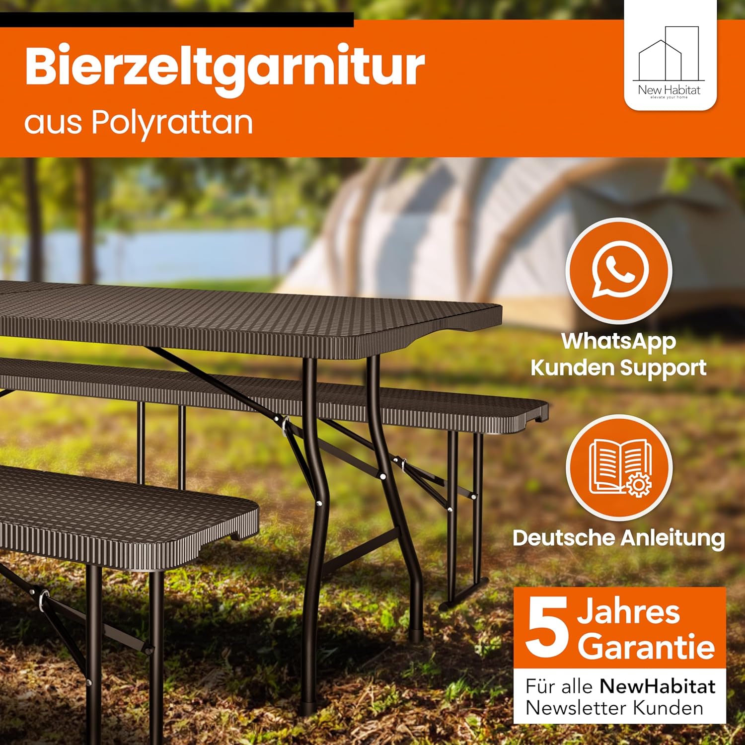 NewHabitat Bierzeltgarnitur 3er Set klappbar – Kunststoff Tisch 180 cm & 2 Bänke mit Tragegriff, Schwarz