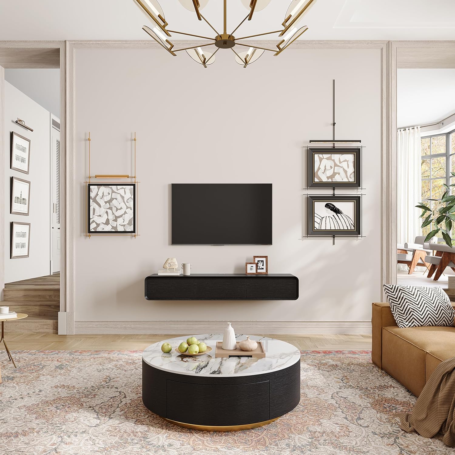 POVISON Schwebendes TV-Lowboard aus Massivholz – Modernes Hängeschrank-TV-Möbel mit Stauraum & Kabelmanagement