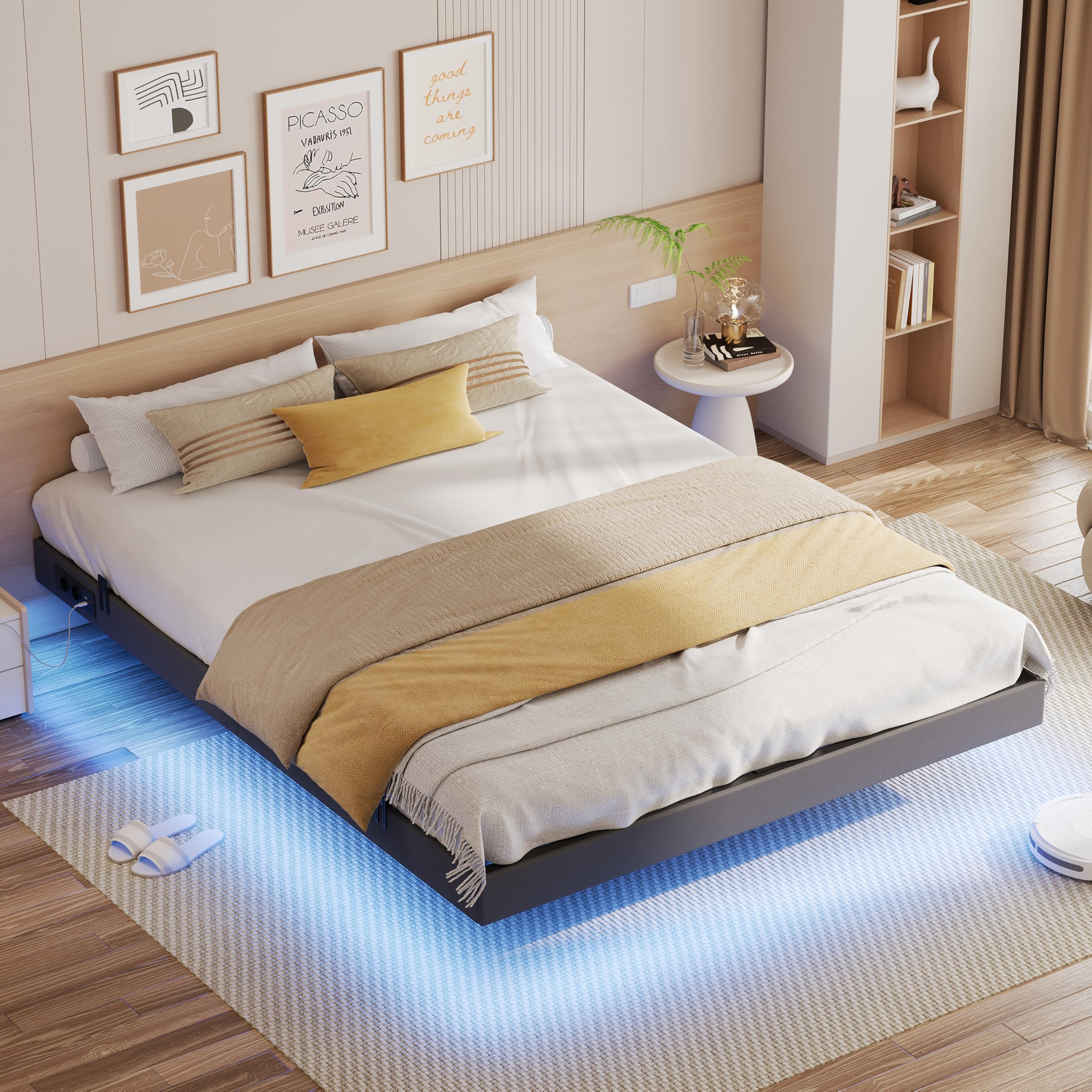 IRONCK Bett 140x200 mit LED Beleuchtung und Ladestation, Bettgestell 140x200 cm mit weicher Polsterung, Floating Bed Frame, Bettrahmen 140x200cm, Jugendbett, Metallbett mit Lattenrost Doppelbett, Grau