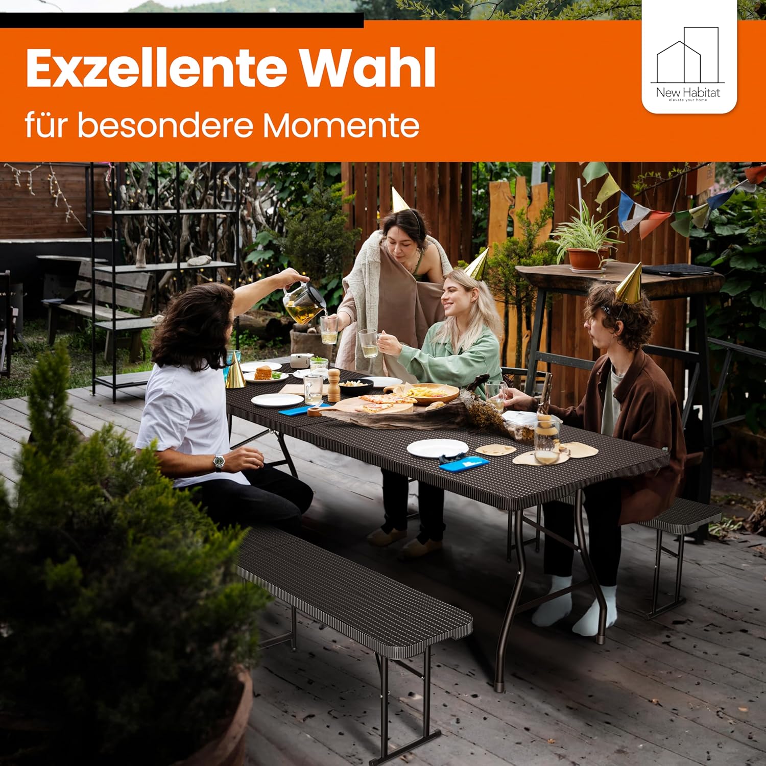 NewHabitat Bierzeltgarnitur 3er Set klappbar – Kunststoff Tisch 180 cm & 2 Bänke mit Tragegriff, Schwarz