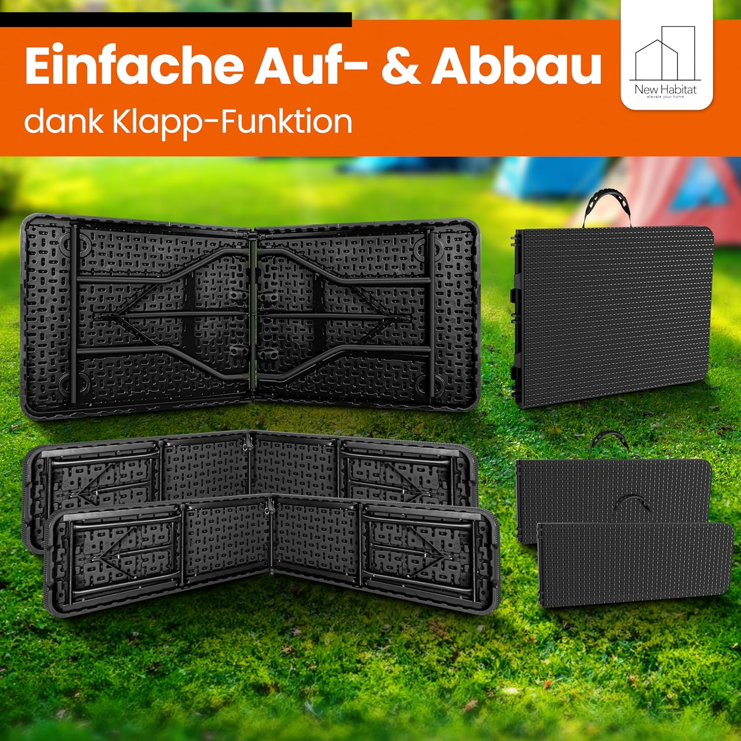 NewHabitat Bierzeltgarnitur 3er Set klappbar – Kunststoff Tisch 180 cm & 2 Bänke mit Tragegriff, Schwarz