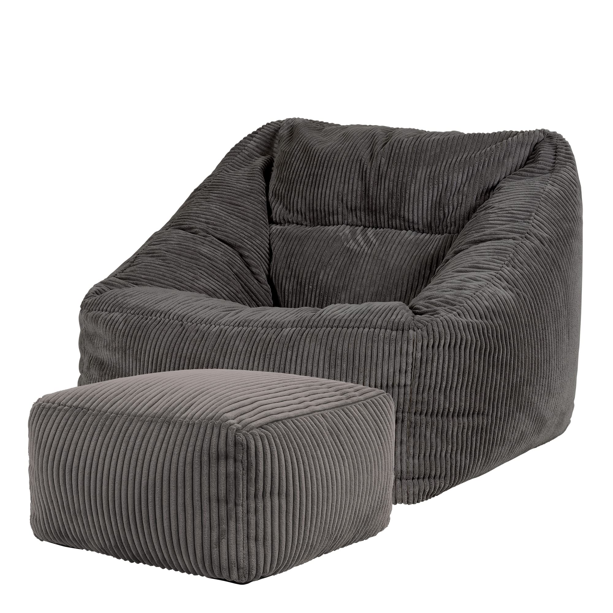 Icon Natalia Sitzsack Sessel mit Hocker für Erwachsene, Beige, Flauschiger Cord Stoff, Riesen Sitzsack Cord mit Füllung, Bean Bag Chair, Bequemer Sessel Wohnzimmer, Lounge, Schlafzimmer, Büro