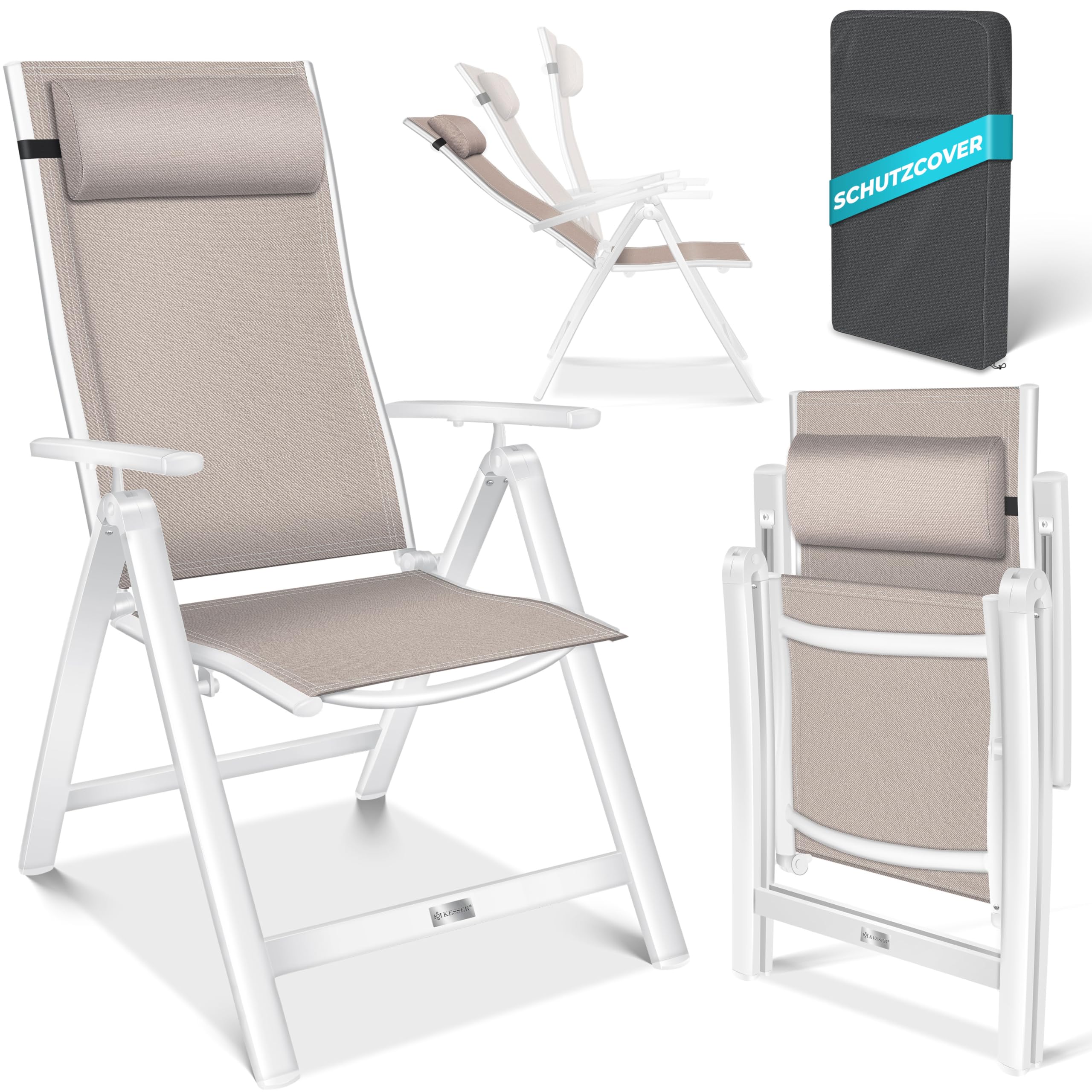 KESSER® Gartenstuhl Hochlehner mit Armlehnen 2er Set Aluminium Klappstuhl mit Kopfkissen & Abdeckung Campingstuhl 7-Fach Verstellbar Rückenlehne Atmungsaktiv Wetterfest Klappbar Anti-Rutsch, Anthrazit