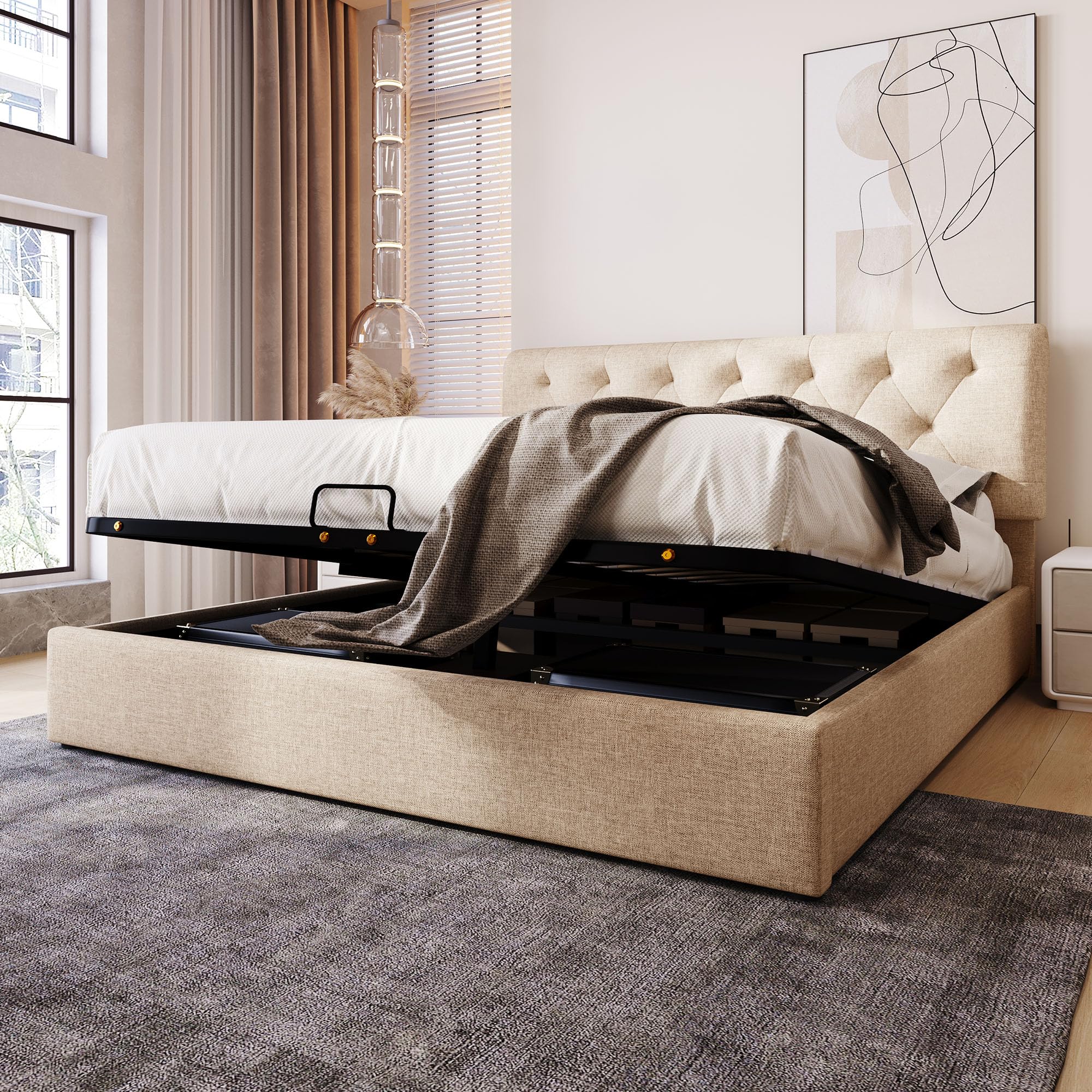 Merax Polsterbett 140x200cm mit Stauraum, Doppelbett mit Kopfteil und Lattenrost, Hydraulisches Funktionsbett für Jugend, Erwachsene, Samtstoff, Beige (Ohne Matratze)