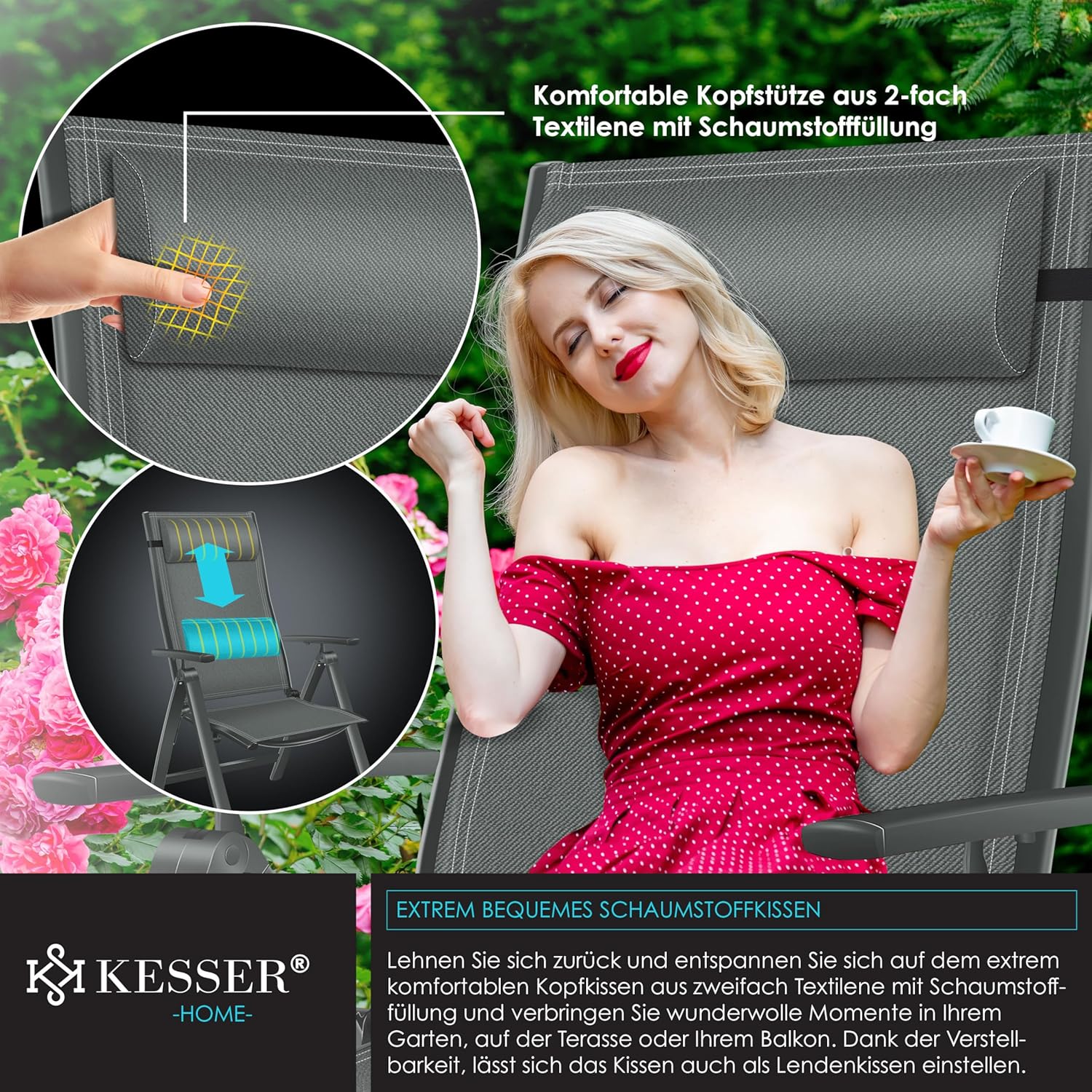 KESSER Gartenstuhl Hochlehner – Klappstuhl Aluminium, Wetterfest, Mit Kopfkissen, Outdoor