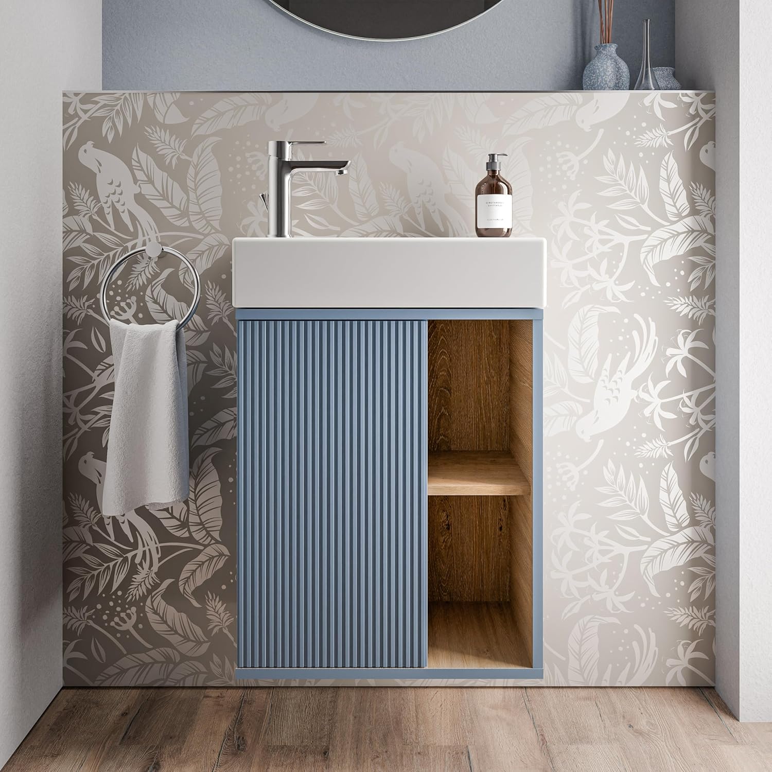 BERNSTEIN Kleines Badmöbelset BELDIVO in Azurblau - 50 x 24,3 x 60 cm - Waschtischunterschrank mit Duravit Keramik-Waschbecken, Türanschlag Links, Push-to-Open - Vormontiert - 5 Jahren Garantie