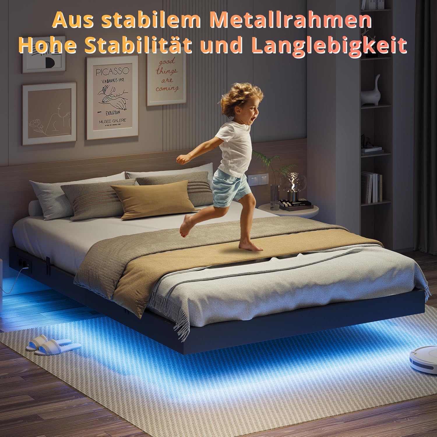 IRONCK Bett 140x200 mit LED Beleuchtung und Ladestation, Bettgestell 140x200 cm mit weicher Polsterung, Floating Bed Frame, Bettrahmen 140x200cm, Jugendbett, Metallbett mit Lattenrost Doppelbett, Grau