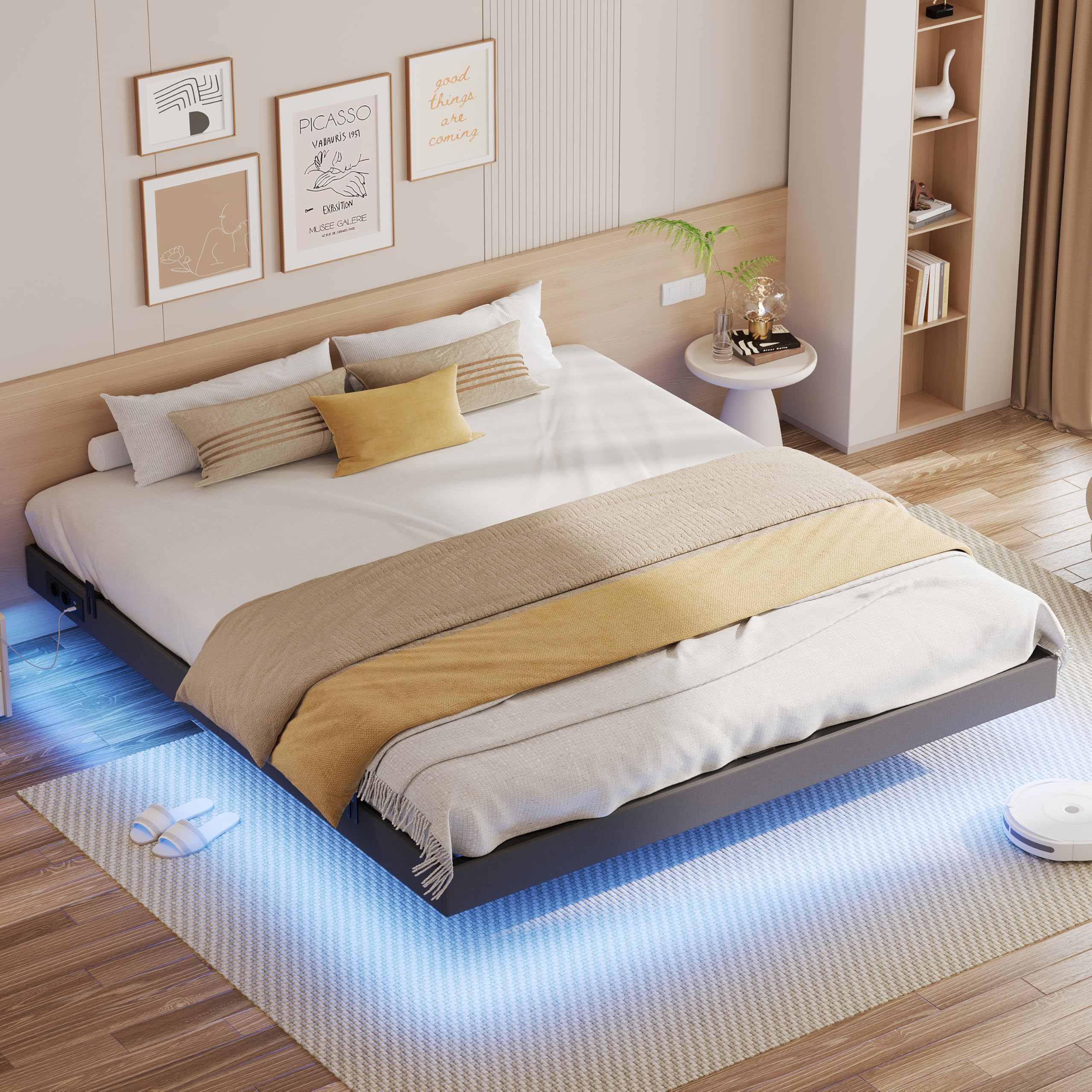 IRONCK Bett 140x200 mit LED Beleuchtung und Ladestation, Bettgestell 140x200 cm mit weicher Polsterung, Floating Bed Frame, Bettrahmen 140x200cm, Jugendbett, Metallbett mit Lattenrost Doppelbett, Grau