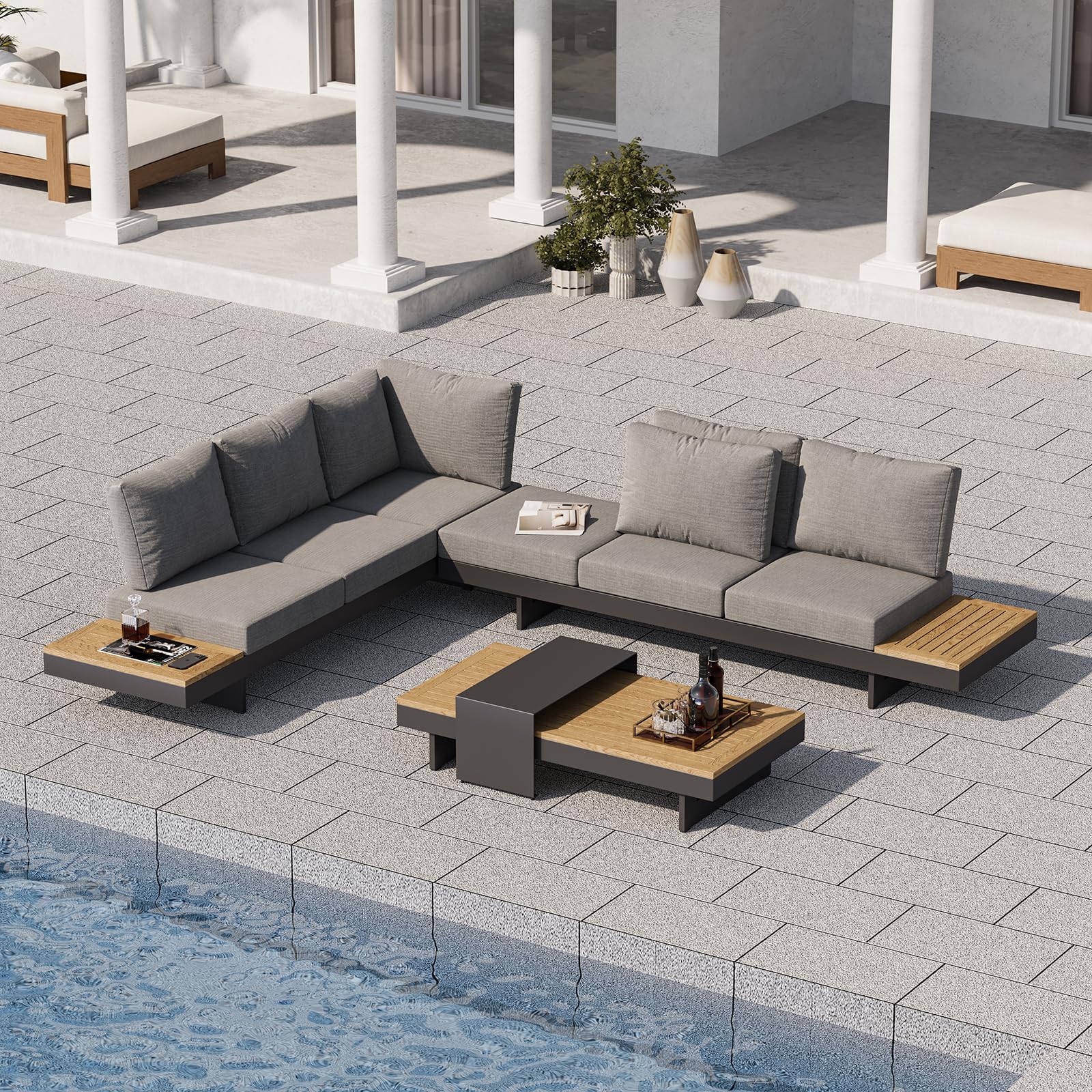 Homary 6-Teiliges Aluminium- Und Teak Outdoor Sofa Set Mit Feuerstelle, Glas-Windschutz Und Modularer Patio Conversation Set Für Terrasse, Balkon & Garten, Beige
