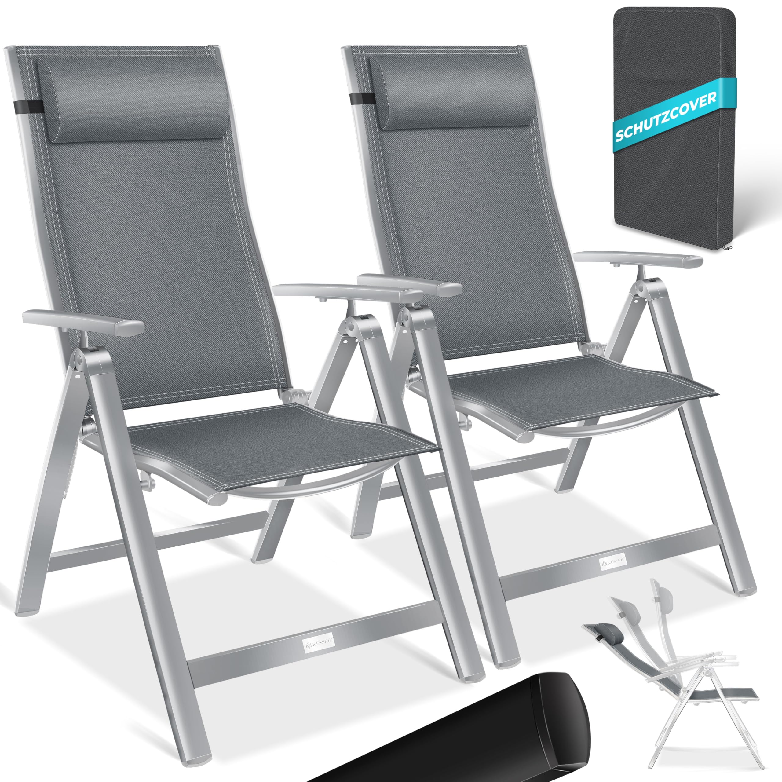 KESSER® Gartenstuhl Hochlehner mit Armlehnen 2er Set Aluminium Klappstuhl mit Kopfkissen & Abdeckung Campingstuhl 7-Fach Verstellbar Rückenlehne Atmungsaktiv Wetterfest Klappbar Anti-Rutsch, Anthrazit