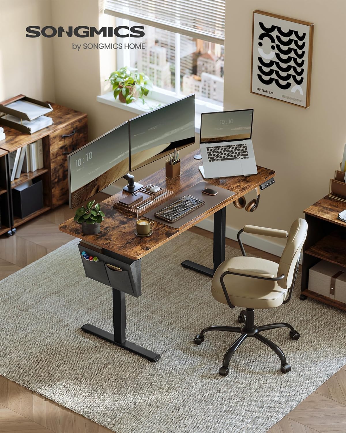 SONGMICS Elektrischer Höhenverstellbarer Schreibtisch – Holz & Stahl, Ergonomisch, Höhenverstellbar