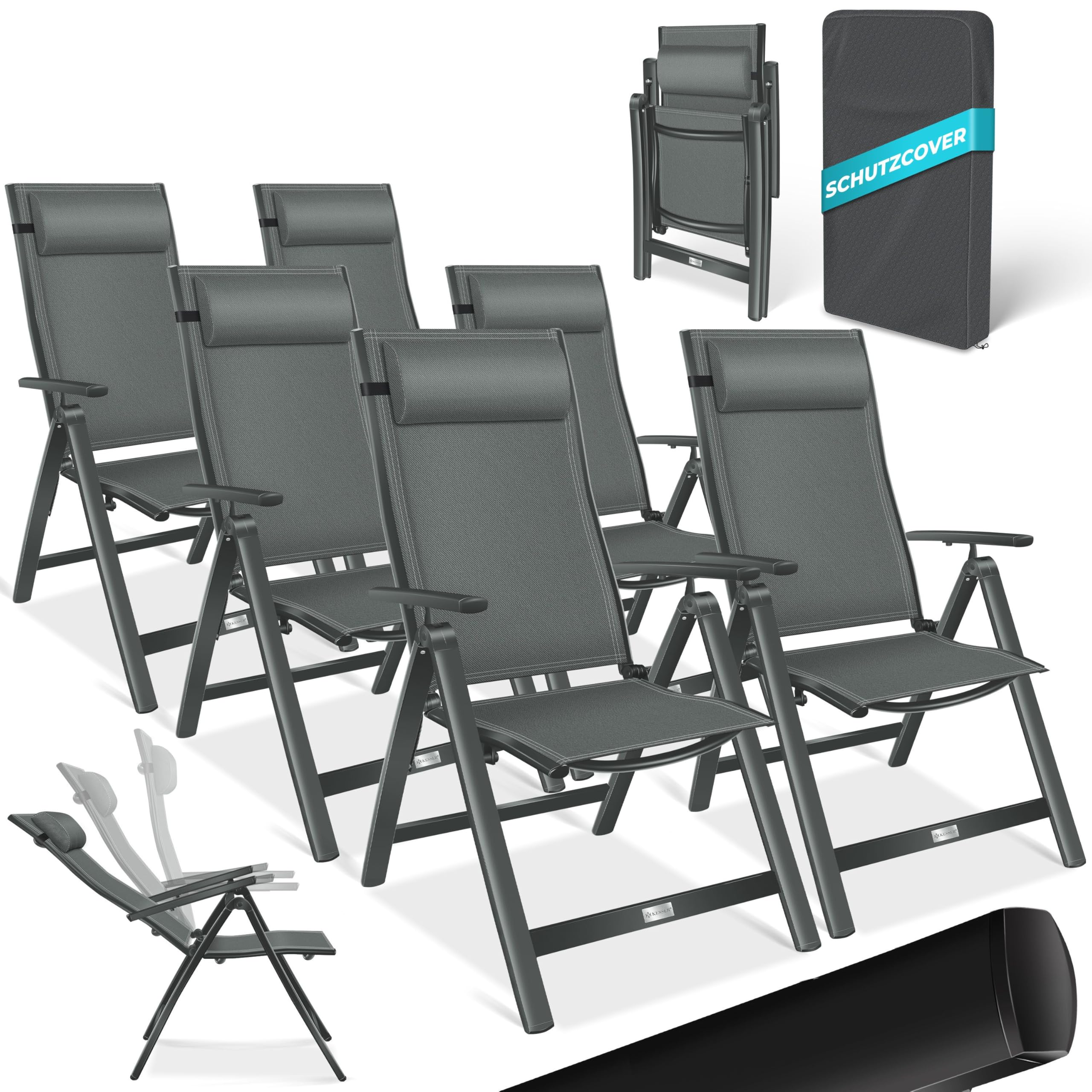 KESSER® Gartenstuhl Hochlehner mit Armlehnen 2er Set Aluminium Klappstuhl mit Kopfkissen & Abdeckung Campingstuhl 7-Fach Verstellbar Rückenlehne Atmungsaktiv Wetterfest Klappbar Anti-Rutsch, Anthrazit
