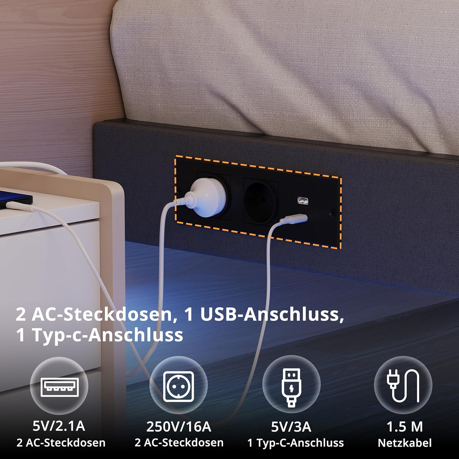 IRONCK Bett 140x200 mit LED Beleuchtung und Ladestation, Bettgestell 140x200 cm mit weicher Polsterung, Floating Bed Frame, Bettrahmen 140x200cm, Jugendbett, Metallbett mit Lattenrost Doppelbett, Grau