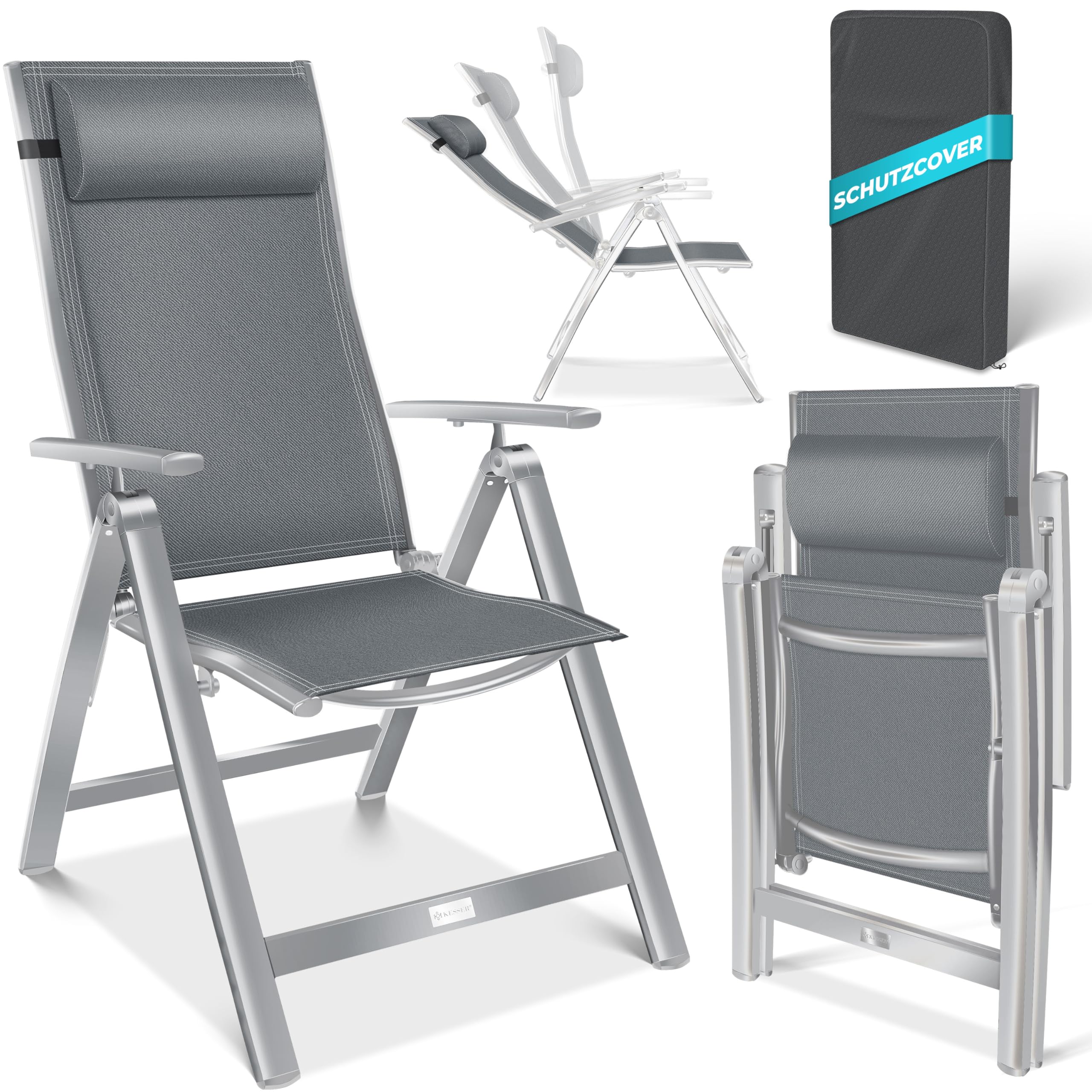KESSER® Gartenstuhl Hochlehner mit Armlehnen 2er Set Aluminium Klappstuhl mit Kopfkissen & Abdeckung Campingstuhl 7-Fach Verstellbar Rückenlehne Atmungsaktiv Wetterfest Klappbar Anti-Rutsch, Anthrazit