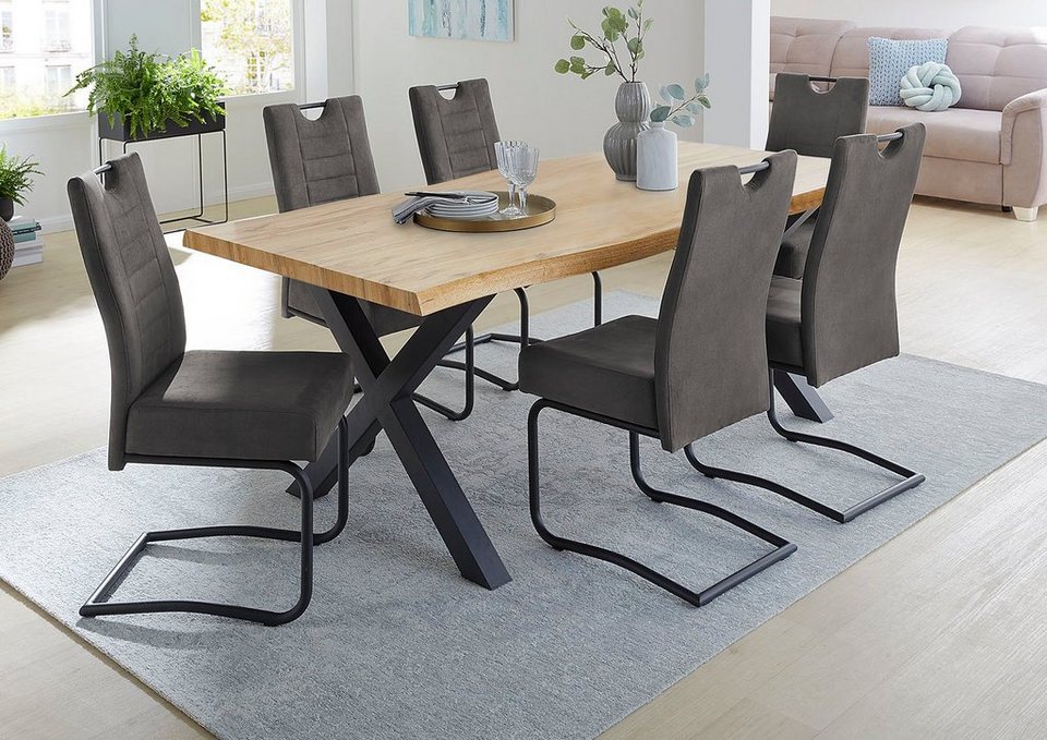 Esstisch Marlon mit Baumkantenoptik – Holzwerkstoff Tischplatte, Metallgestell Schwarz, X-Form, Modern