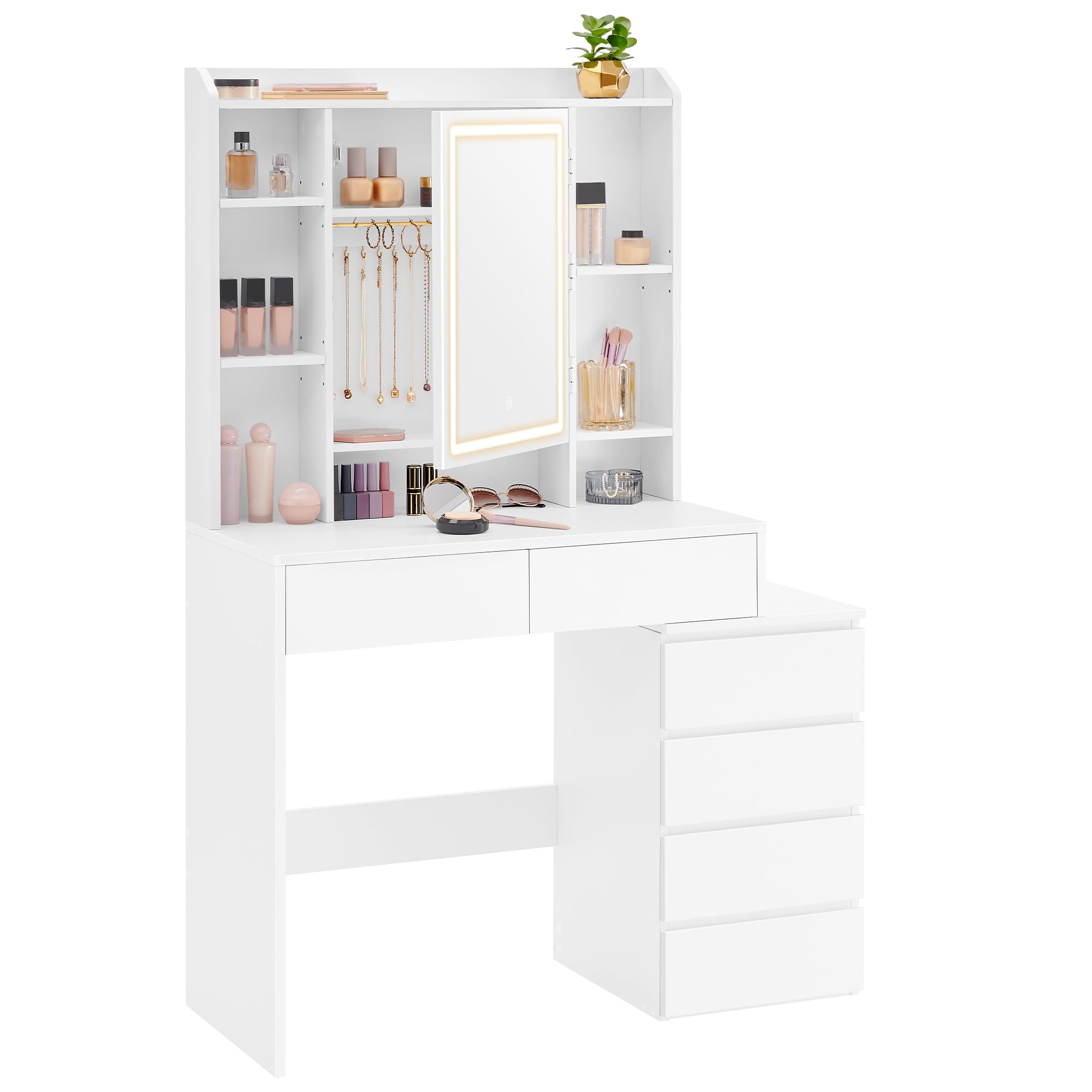 VASAGLE Kailyn Kollektion - Schminktisch mit LED-Beleuchtung, 3 einstellbare Lichtfarben, Frisiertisch mit Spiegel, Schubladen, offene Fächer, mit Hocker, verstellbare Ablagen, wolkenweiß RDT125W01