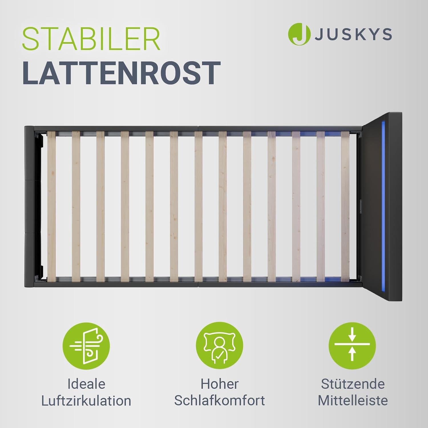 Juskys Polsterbett Paris mit LED-Beleuchtung, Holzgestell & Lattenrost, Modernes Schlafzimmerbett