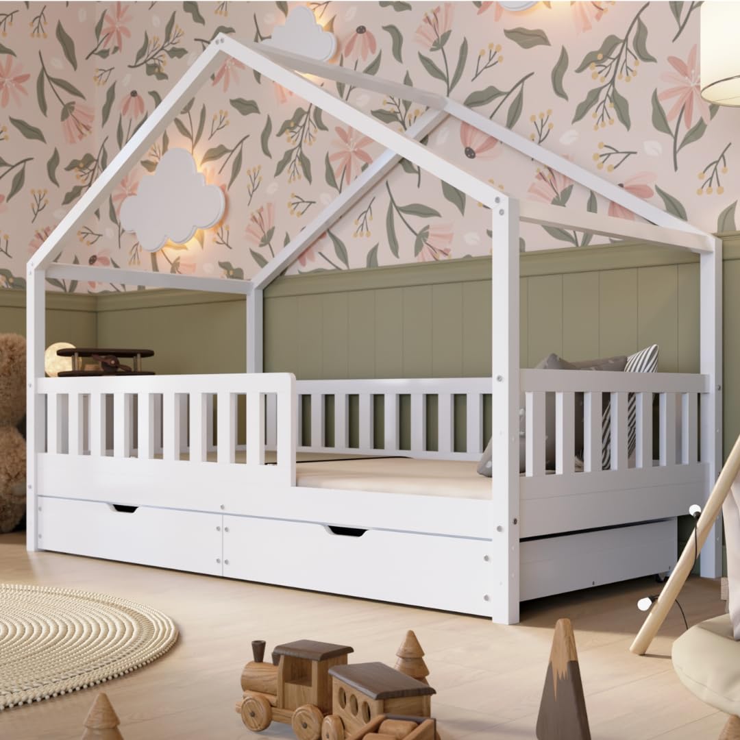 Hausbett mit Schubladen 140x200 cm – Kinderbett aus Naturholz mit Rausfallschutz – Montessori Bodenbett mit zusätzlichen Stauraum und und Abnehmbarer Barriere - Crazy House
