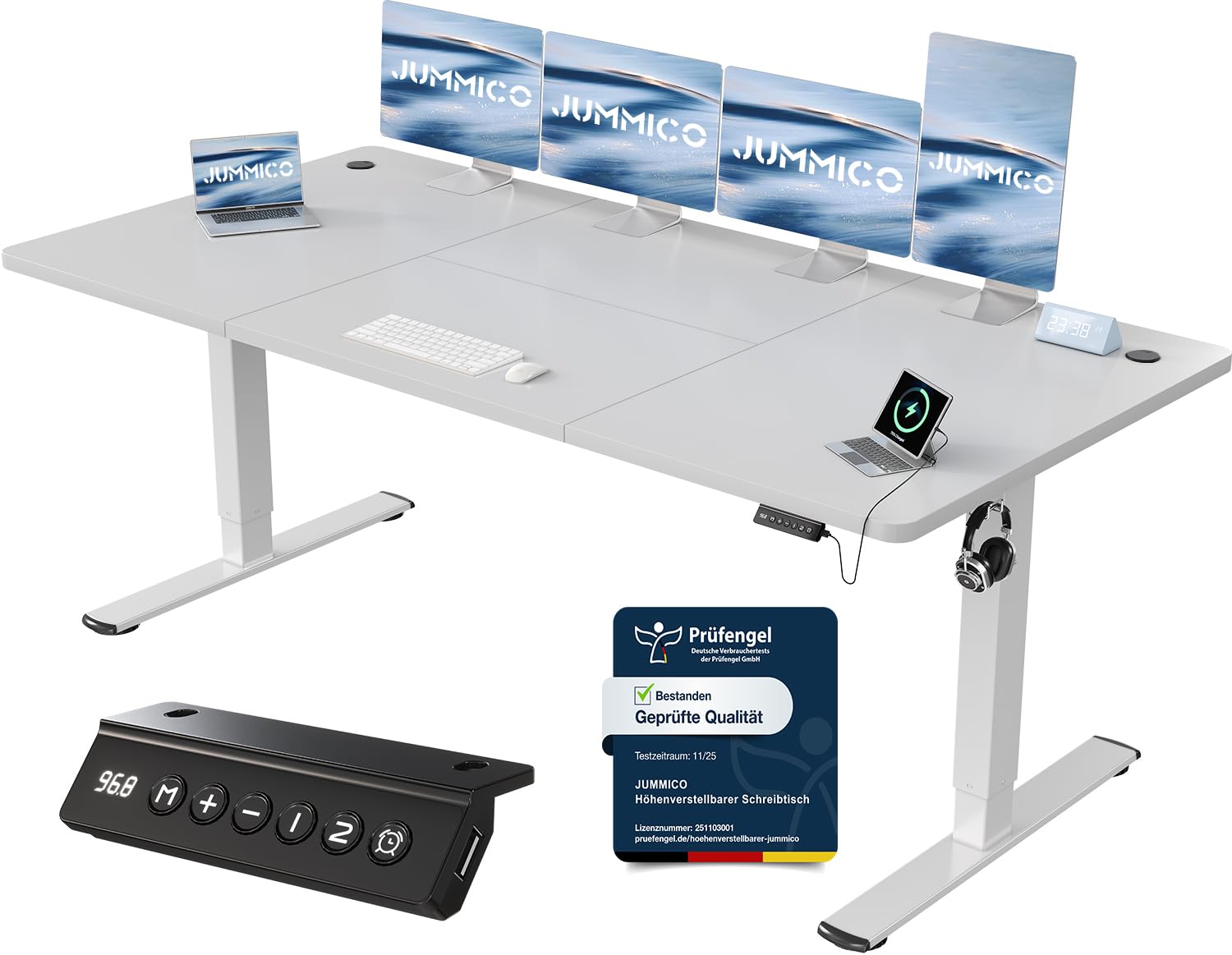 JUMMICO Höhenverstellbarer Schreibtisch mit USB-Ladeanschluss 200 x 80 cm, Schreibtisch Höhenverstellbar Elektrisch, Steh-Sitz Tisch Stehpult Verstellbarer Computertisch,Standing Desk,Weiß