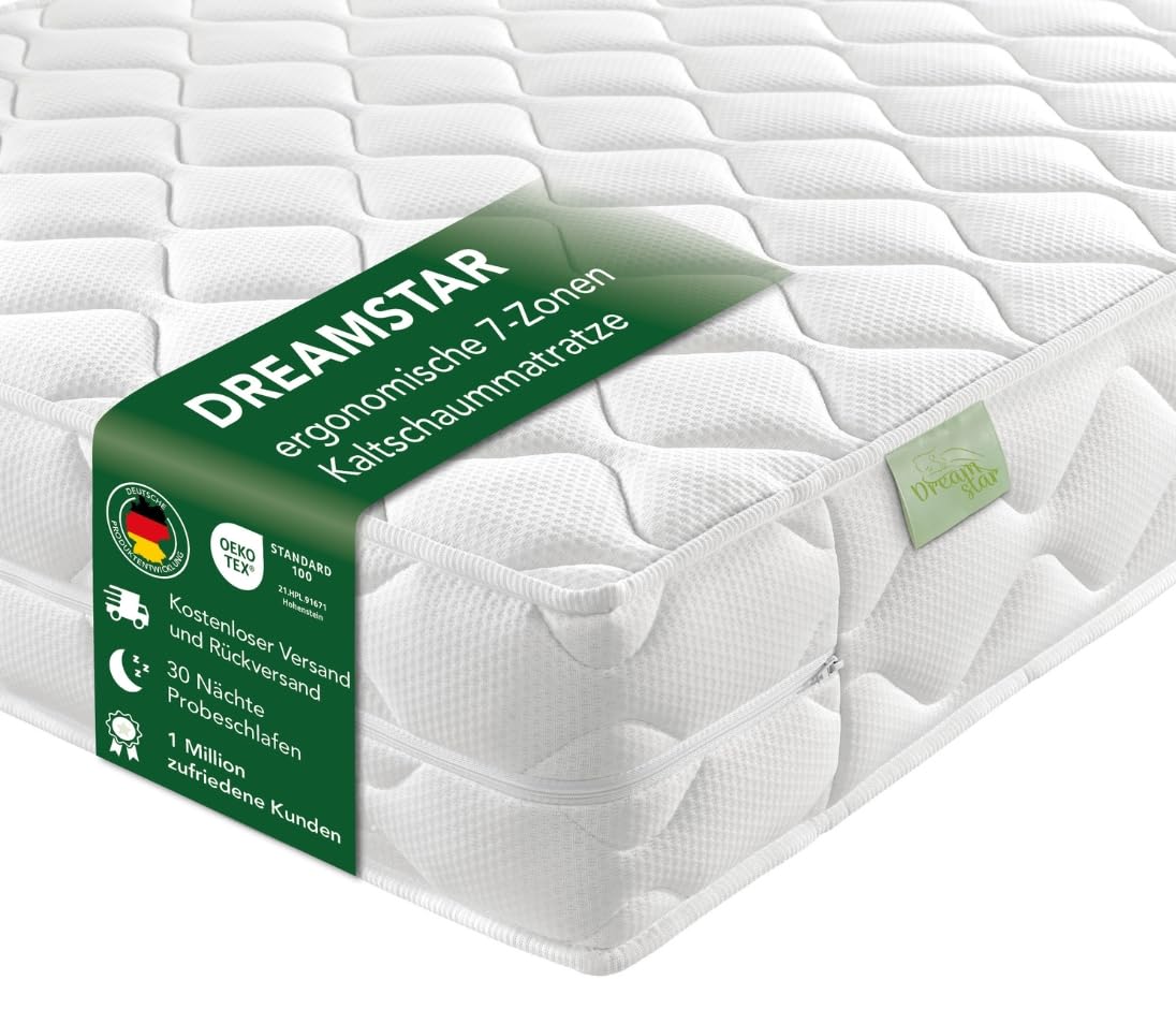 DREAMSTAR Ergo Flex Duo 7-Zonen Matratze 140x190 cm | H2&H3 | Ergonomische Kaltschaummatratze | Hypoallergen & Antibakteriell | Bezug abnehmbar & waschbar | Öko-TEX® | (16cm, 140 x 190 cm)