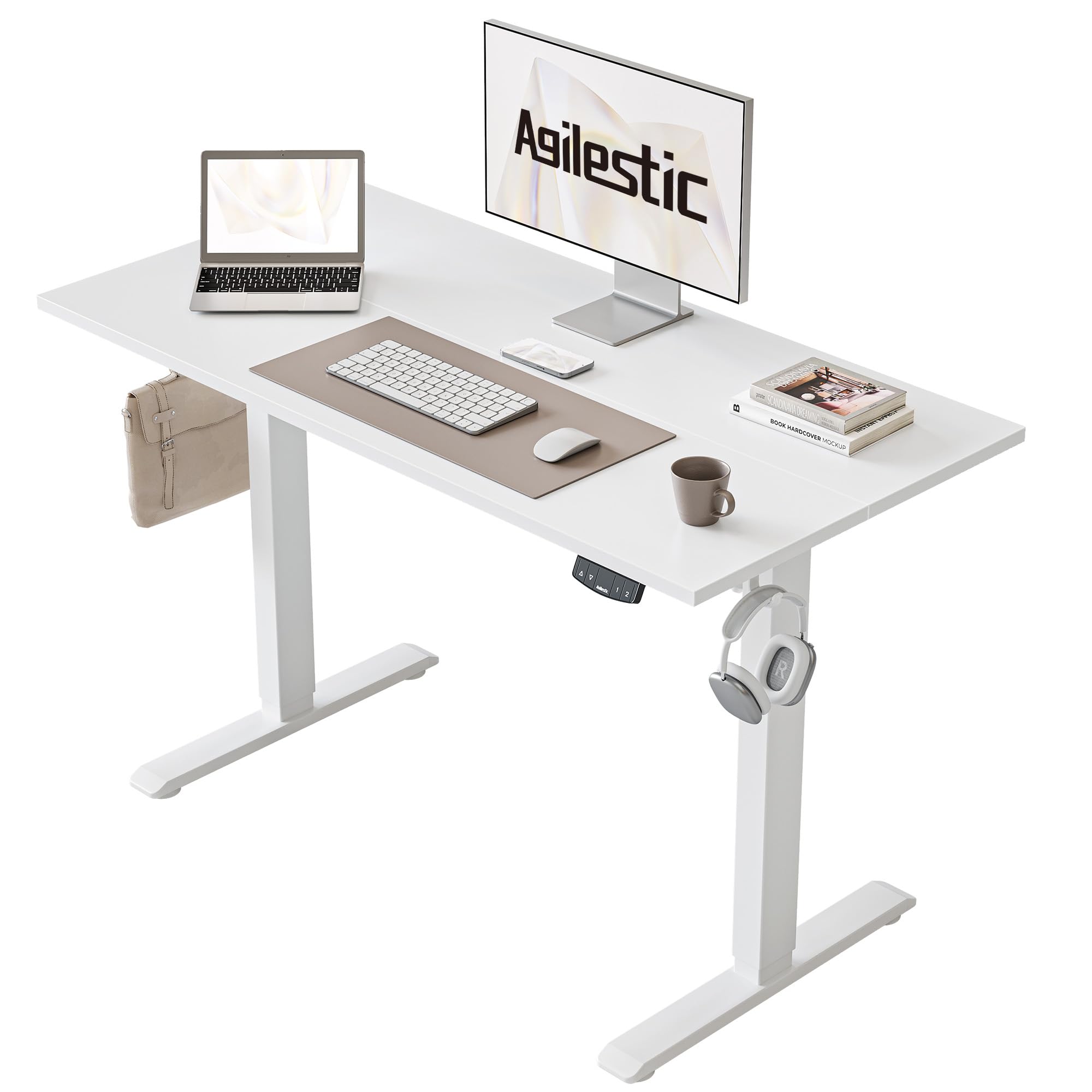Agilestic Elektrisch Höhenverstellbarer Schreibtisch 120x80 cm, Sitz-Steh Stehpult mit Memory-Funktion, Höhenverstellbarer Computertisch, Gaming-Schreibtisch mit Vierteiliger Tischplatte,Weiß