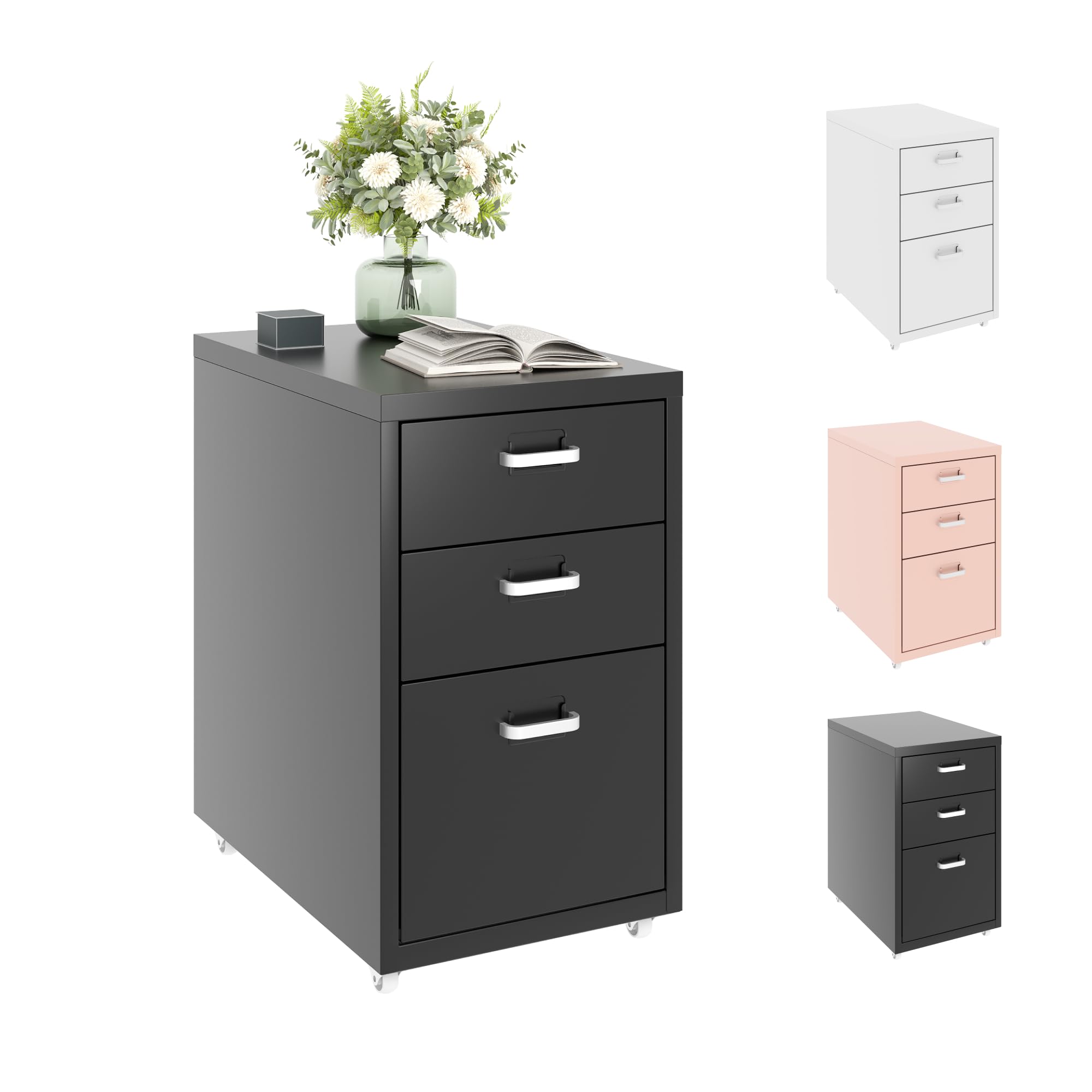 FLEXISPOT Rollcontainer Büroschrank mit 3 Schubladen, Aktenschrank Metallschrank Kommode mit Rädern, Schreibtisch Unterschrank für Zuhause und Büro (Rosa)