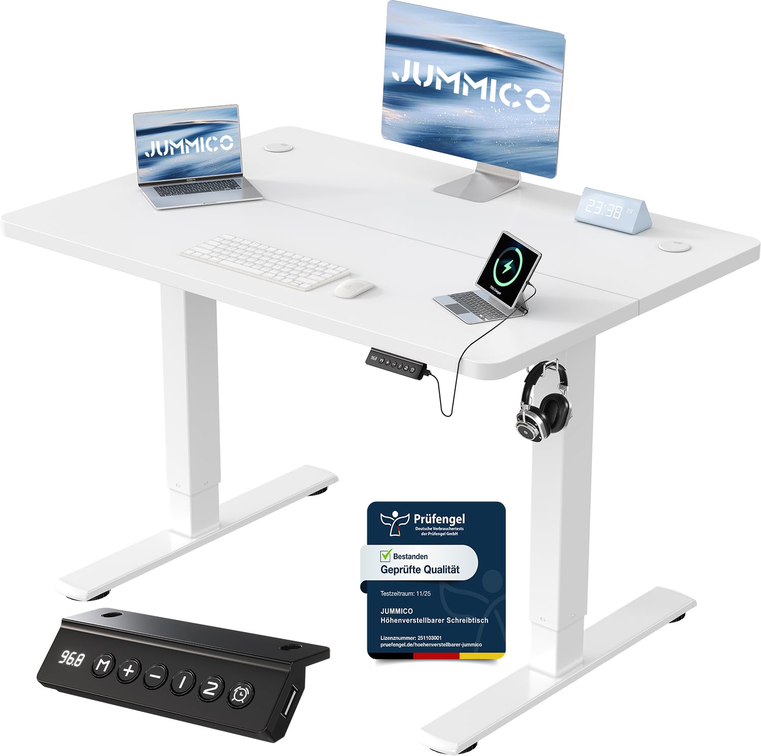 JUMMICO Höhenverstellbarer Schreibtisch mit USB-Ladeanschluss 200 x 80 cm, Schreibtisch Höhenverstellbar Elektrisch, Steh-Sitz Tisch Stehpult Verstellbarer Computertisch,Standing Desk,Weiß