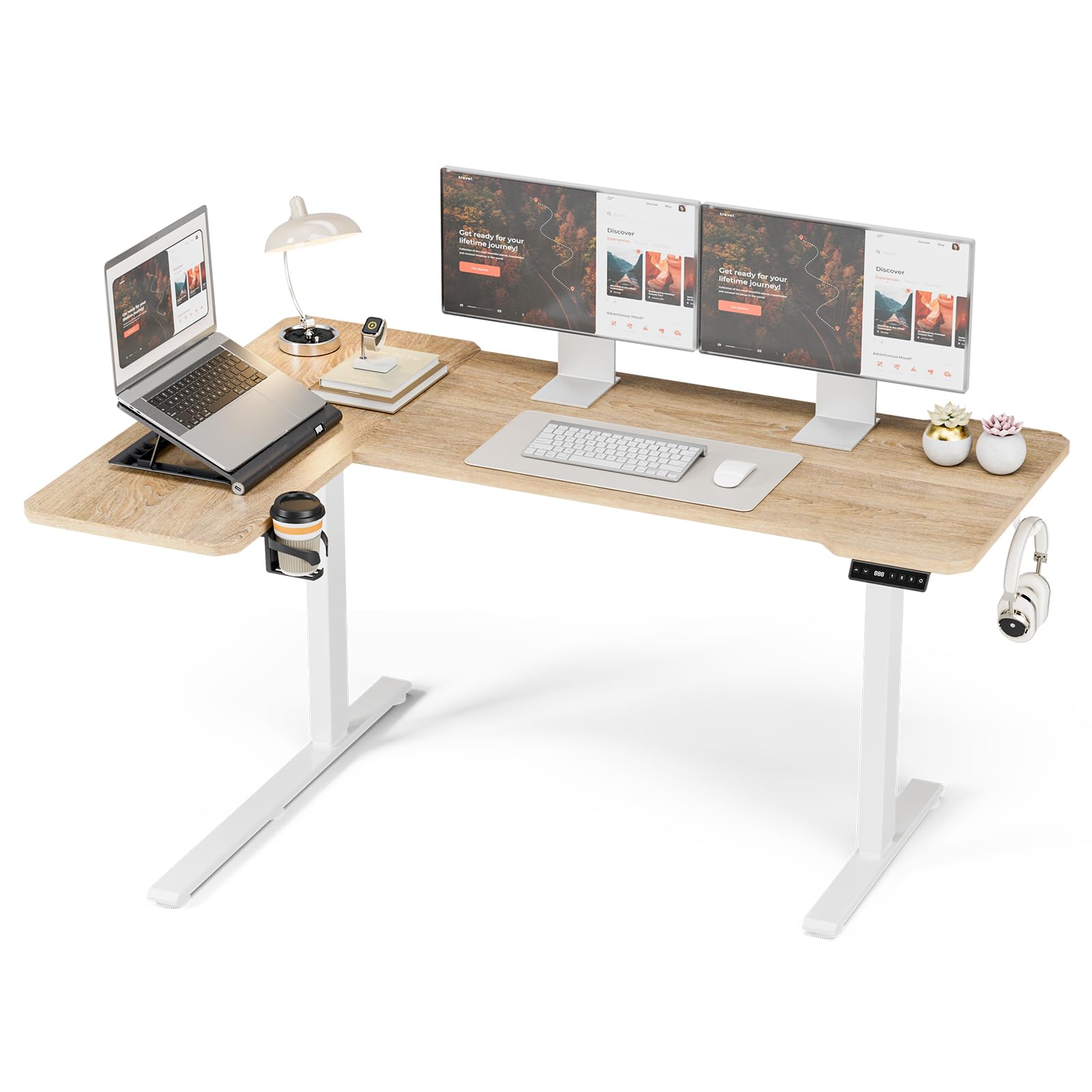 Eckschreibtisch Höhenverstellbarer Schreibtisch L Form,150 X 100 cm Elektrischer Höhenverstellbar Ergonomischer Schreibtisch L mit Getränkehaltern und Haken Stabiles Bürotisch, Braun