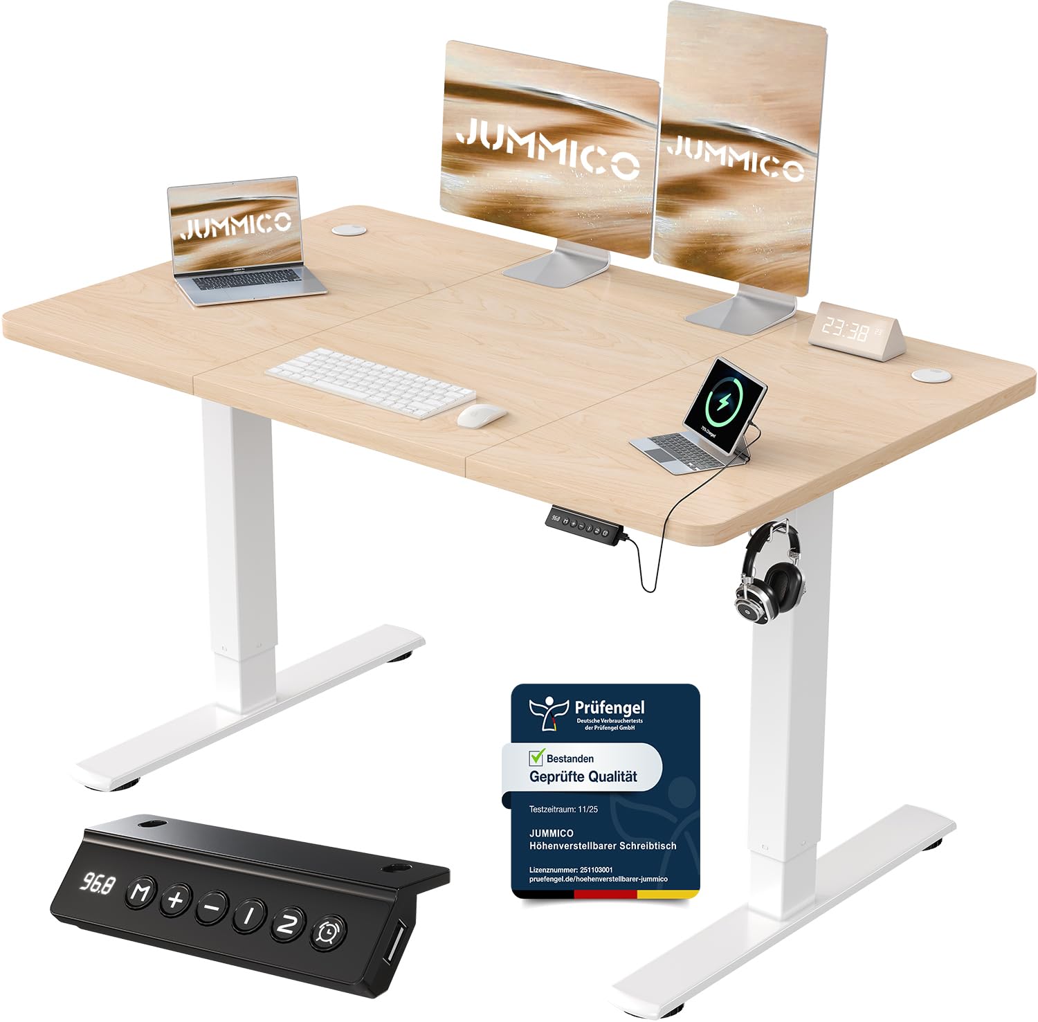 JUMMICO Höhenverstellbarer Schreibtisch mit USB-Ladeanschluss 200 x 80 cm, Schreibtisch Höhenverstellbar Elektrisch, Steh-Sitz Tisch Stehpult Verstellbarer Computertisch,Standing Desk,Weiß