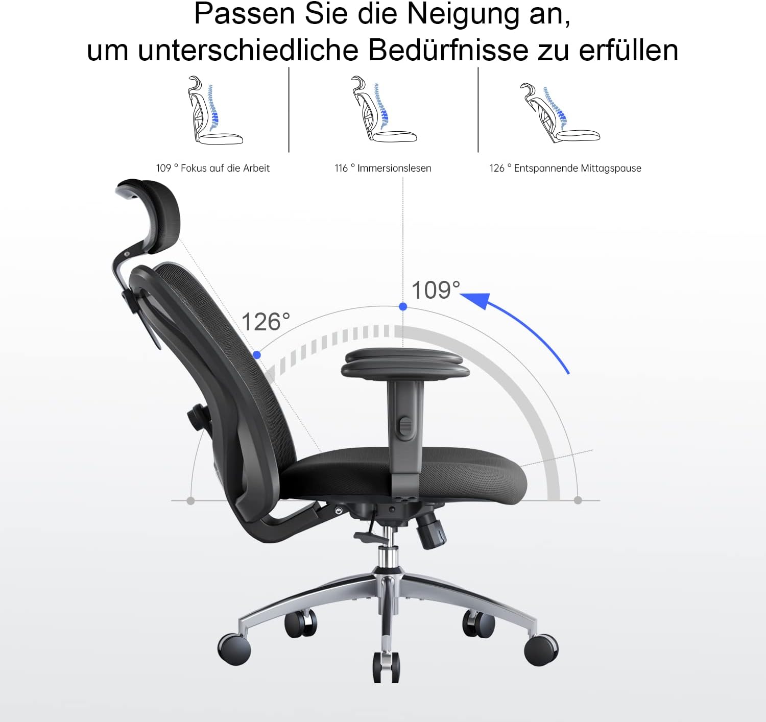 SIHOO Ergonomischer Bürostuhl – Verstellbare Lendenstütze, Kopfstütze, Wippfunktion, Belastbar bis 150 kg