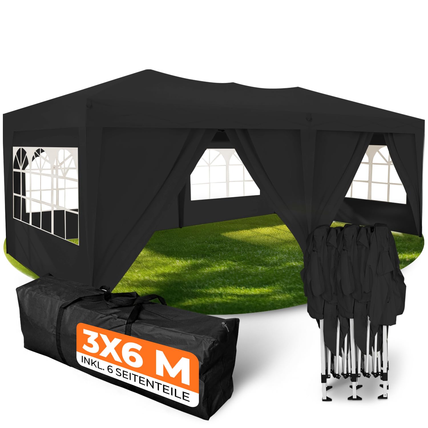Kronenburg Faltpavillon wasserdicht Dachmaß 3 x 3 m UV Schutz 50+ Pavillon in Schwarz mit 4 Seitenteilen