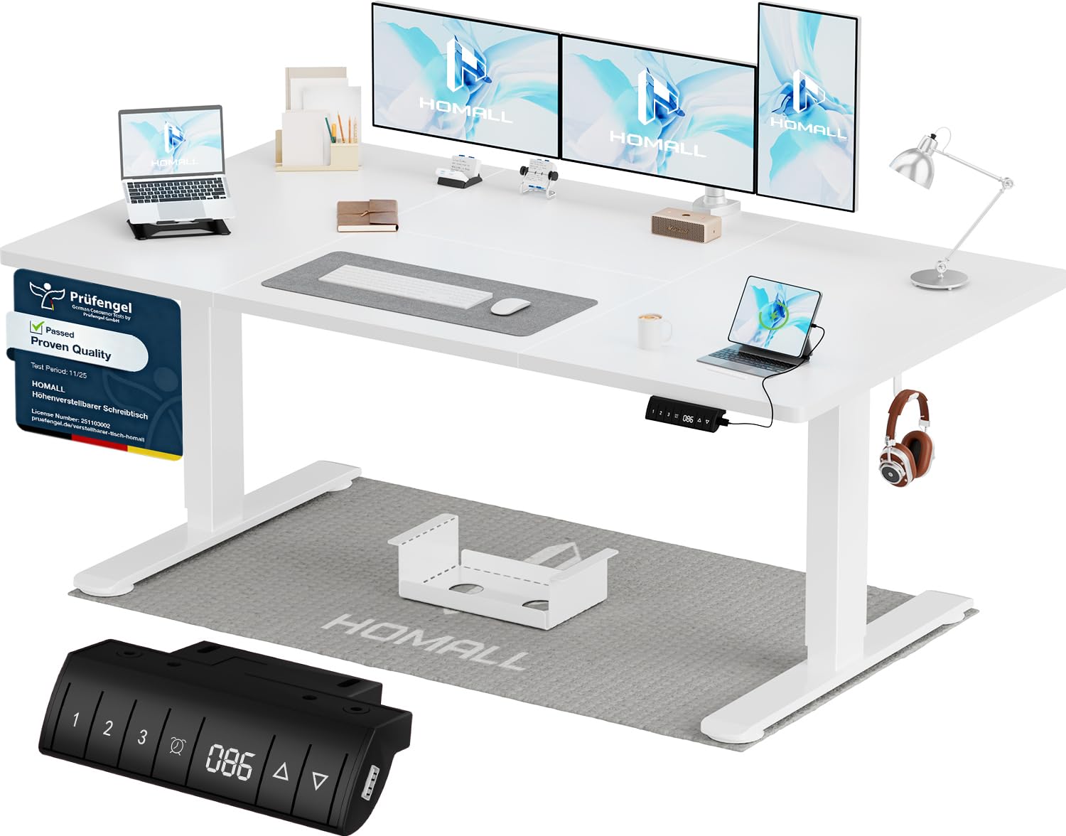 Homall Höhenverstellbarer Schreibtisch 140x70cm mit USB-A Ladeanschluss, Elektrischer Schreibtisch mit Kabel Management Tray, Standing Desk mit 3 Memory Funktion, Computertisch Weiß