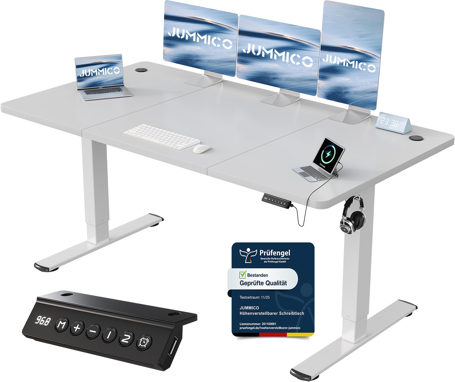 JUMMICO Höhenverstellbarer Schreibtisch mit USB-Ladeanschluss 200 x 80 cm, Schreibtisch Höhenverstellbar Elektrisch, Steh-Sitz Tisch Stehpult Verstellbarer Computertisch,Standing Desk,Weiß