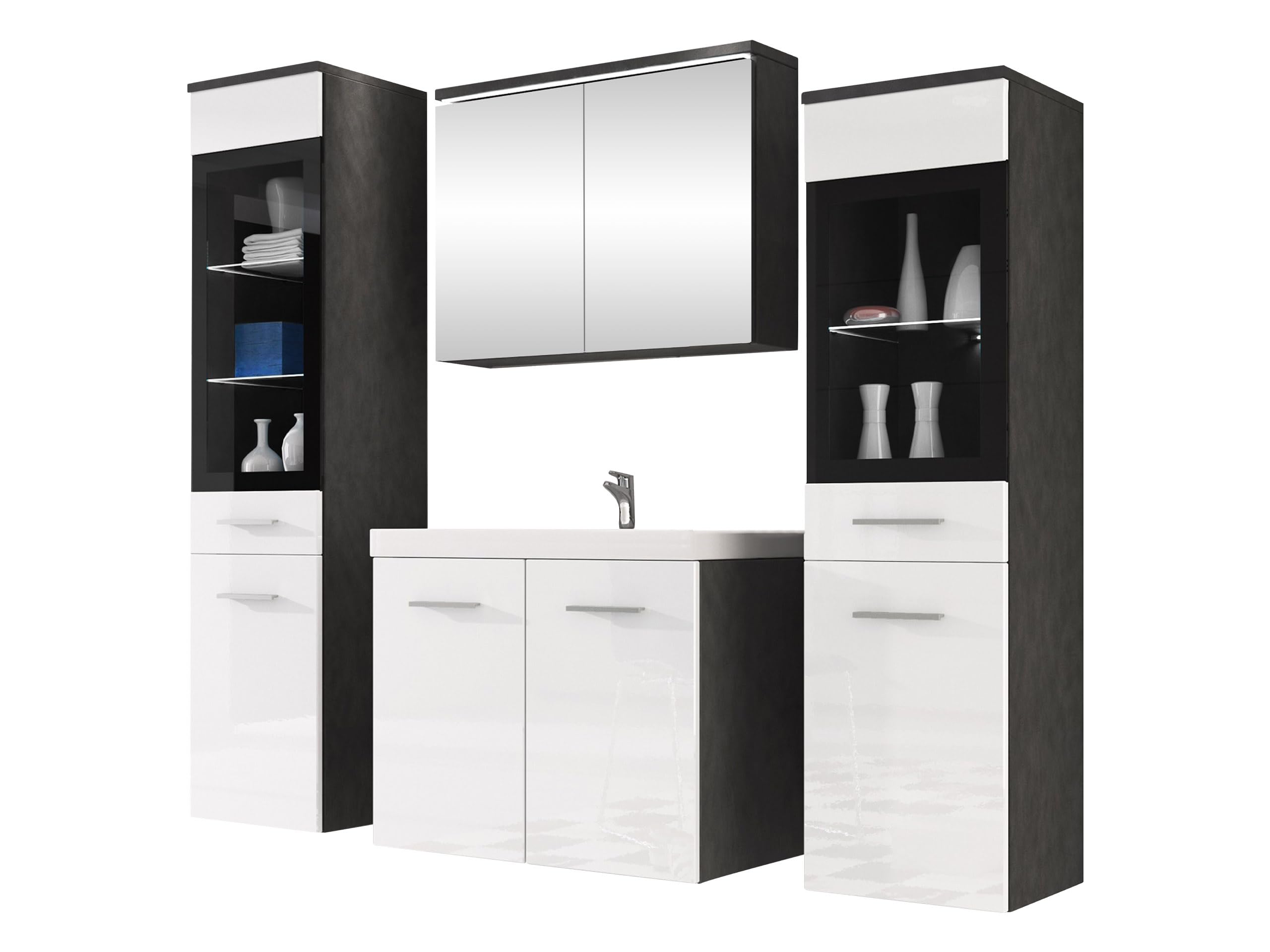 Mirjan24 Badmöbel Set Madrit II mit Waschbecken und Siphon, Komplettprogramme für Spiegelschrank, Waschtisch, Hochschrank (Kastanien Breslau/Grau Hochglanz, ohne Beleuchtung)