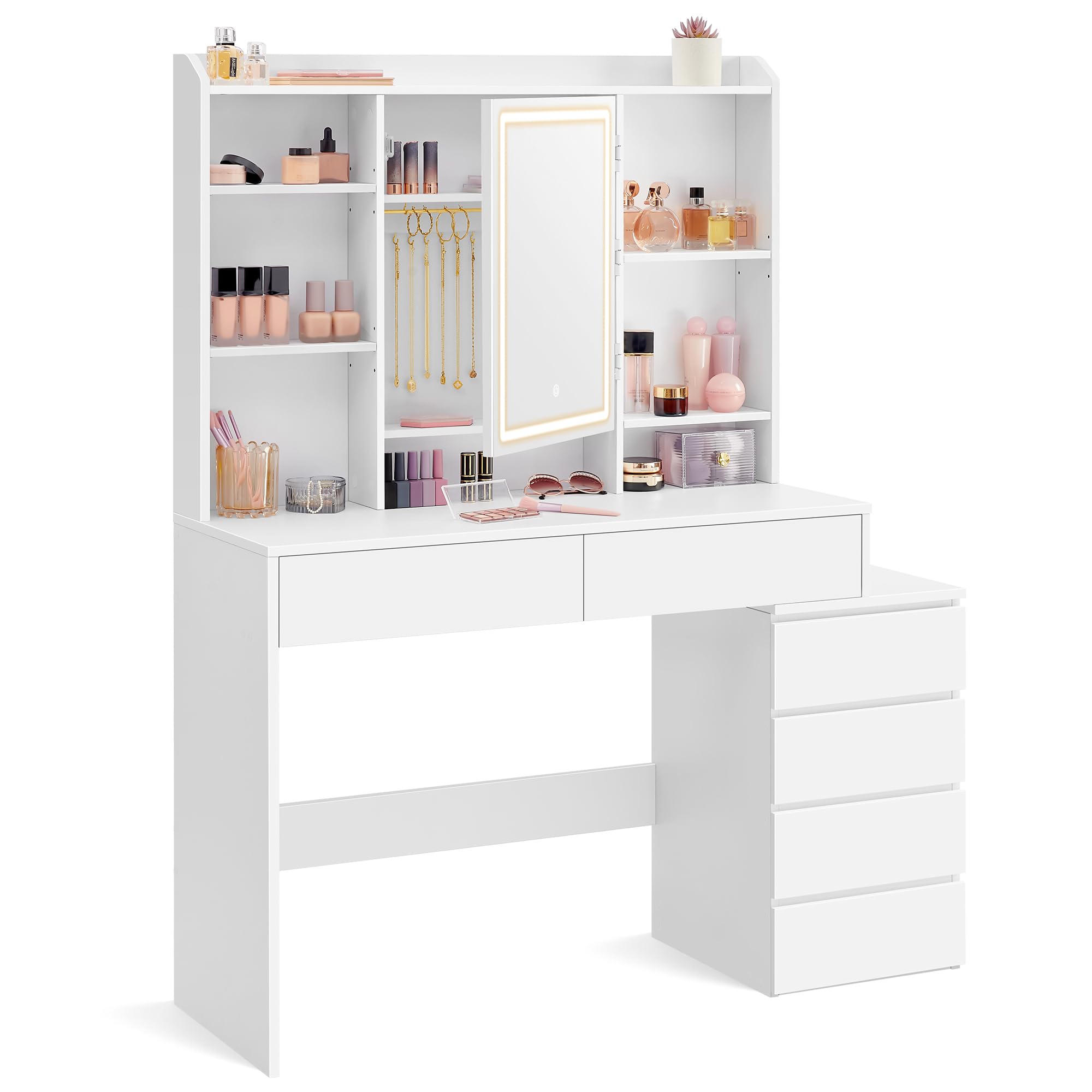 VASAGLE Kailyn Kollektion - Schminktisch mit LED-Beleuchtung, 3 einstellbare Lichtfarben, Frisiertisch mit Spiegel, Schubladen, offene Fächer, mit Hocker, verstellbare Ablagen, wolkenweiß RDT125W01